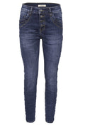 Jewelly Damen Jeans  | Stretch Jeans Five-Pocket im Crash-Look | Boyfriend Hose und sichtbarer Knopfleiste mit Schmuckknöpfen