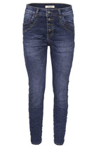 Jewelly Damen Jeans  | Stretch Jeans Five-Pocket im Crash-Look | Boyfriend Hose und sichtbarer Knopfleiste mit Schmuckknöpfen