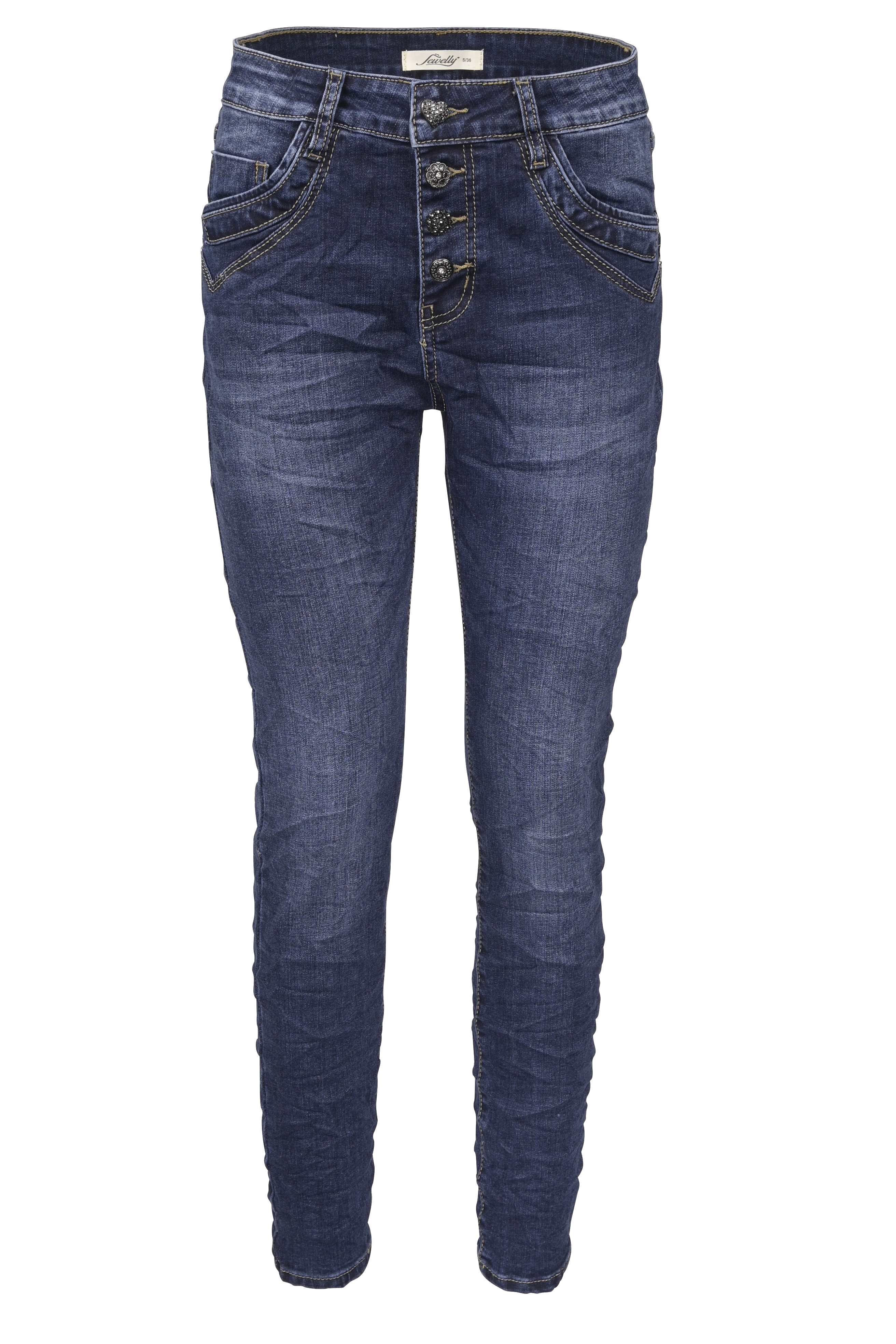 Jewelly Damen Jeans  | Stretch Jeans Five-Pocket im Crash-Look | Boyfriend Hose und sichtbarer Knopfleiste mit Schmuckknöpfen