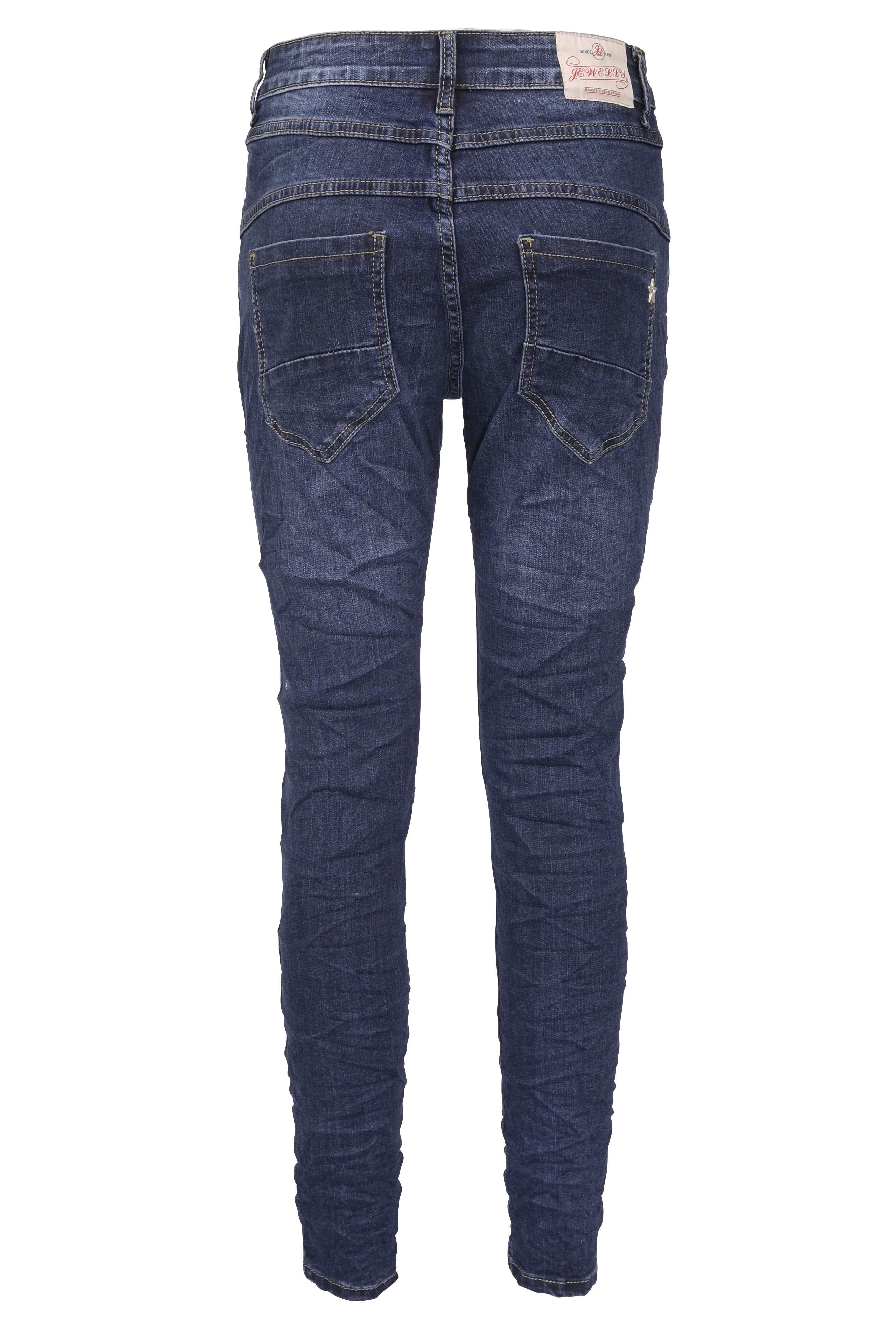 Jewelly Damen Jeans  | Stretch Jeans Five-Pocket im Crash-Look | Boyfriend Hose und sichtbarer Knopfleiste mit Schmuckknöpfen