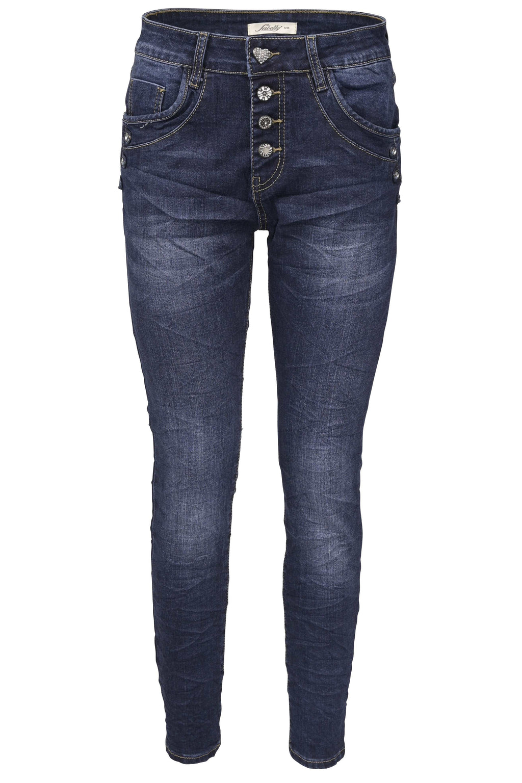 Jewelly Damen Jeans  | Stretch Jeans Five-Pocket im Crash-Look | Boyfriend Hose und sichtbarer Knopfleiste mit Schmuckknöpfen