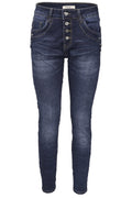 Jewelly Damen Jeans  | Stretch Jeans Five-Pocket im Crash-Look | Boyfriend Hose und sichtbarer Knopfleiste mit Schmuckknöpfen
