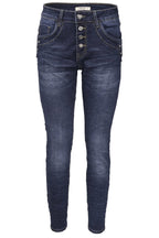 Jewelly Damen Jeans  | Stretch Jeans Five-Pocket im Crash-Look | Boyfriend Hose und sichtbarer Knopfleiste mit Schmuckknöpfen