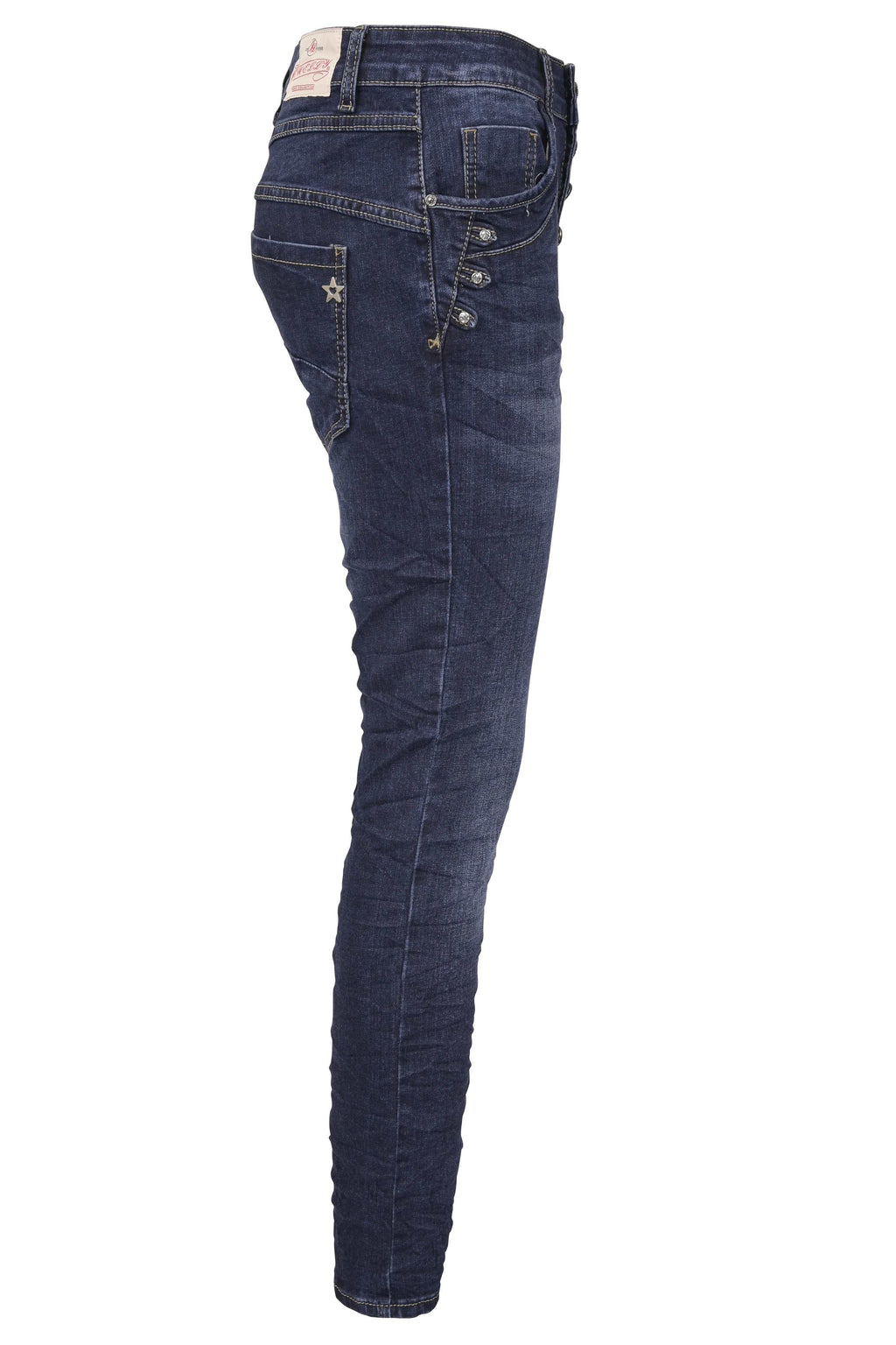 Jewelly Damen Jeans  | Stretch Jeans Five-Pocket im Crash-Look | Boyfriend Hose und sichtbarer Knopfleiste mit Schmuckknöpfen