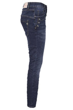 Jewelly Damen Jeans  | Stretch Jeans Five-Pocket im Crash-Look | Boyfriend Hose und sichtbarer Knopfleiste mit Schmuckknöpfen