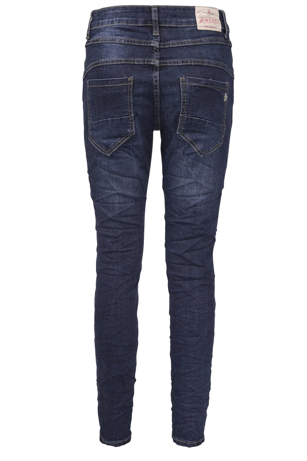 Jewelly Damen Jeans  | Stretch Jeans Five-Pocket im Crash-Look | Boyfriend Hose und sichtbarer Knopfleiste mit Schmuckknöpfen