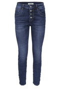 Jewelly Damen Jeans  | Stretch Jeans Five-Pocket im Crash-Look | Boyfriend Hose und sichtbarer Knopfleiste mit Schmuckknöpfen