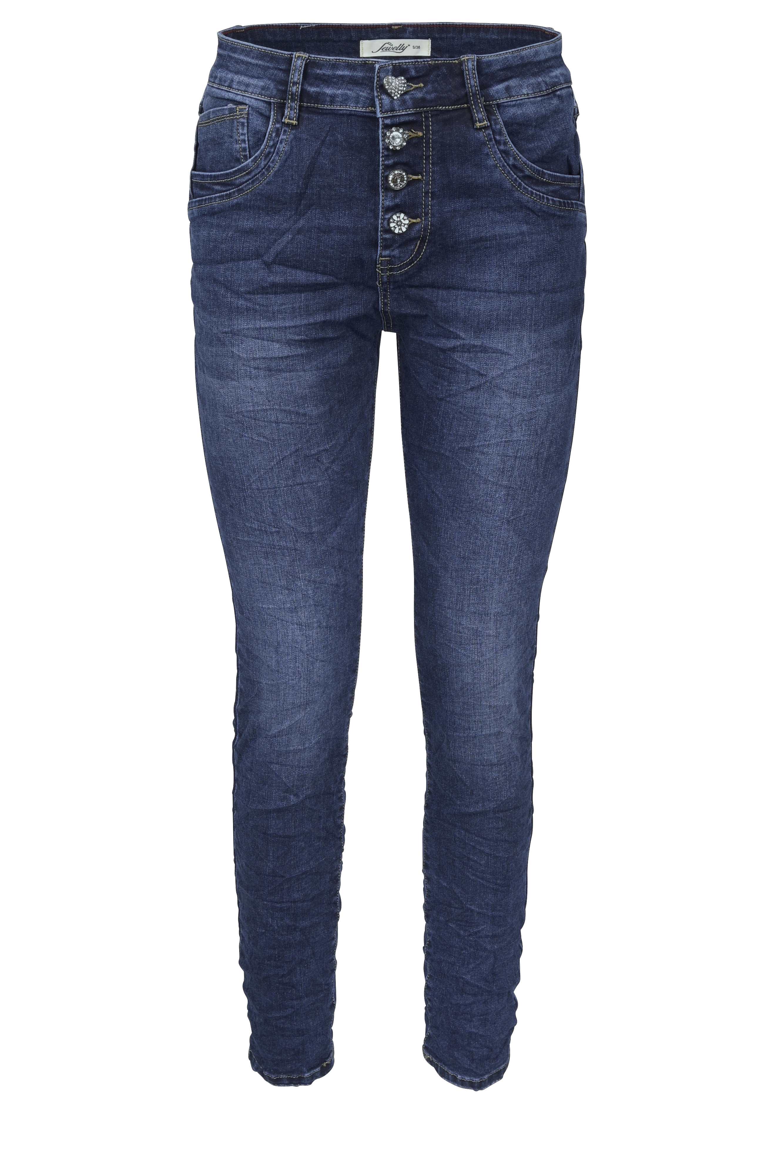 Jewelly Damen Jeans  | Stretch Jeans Five-Pocket im Crash-Look | Boyfriend Hose und sichtbarer Knopfleiste mit Schmuckknöpfen