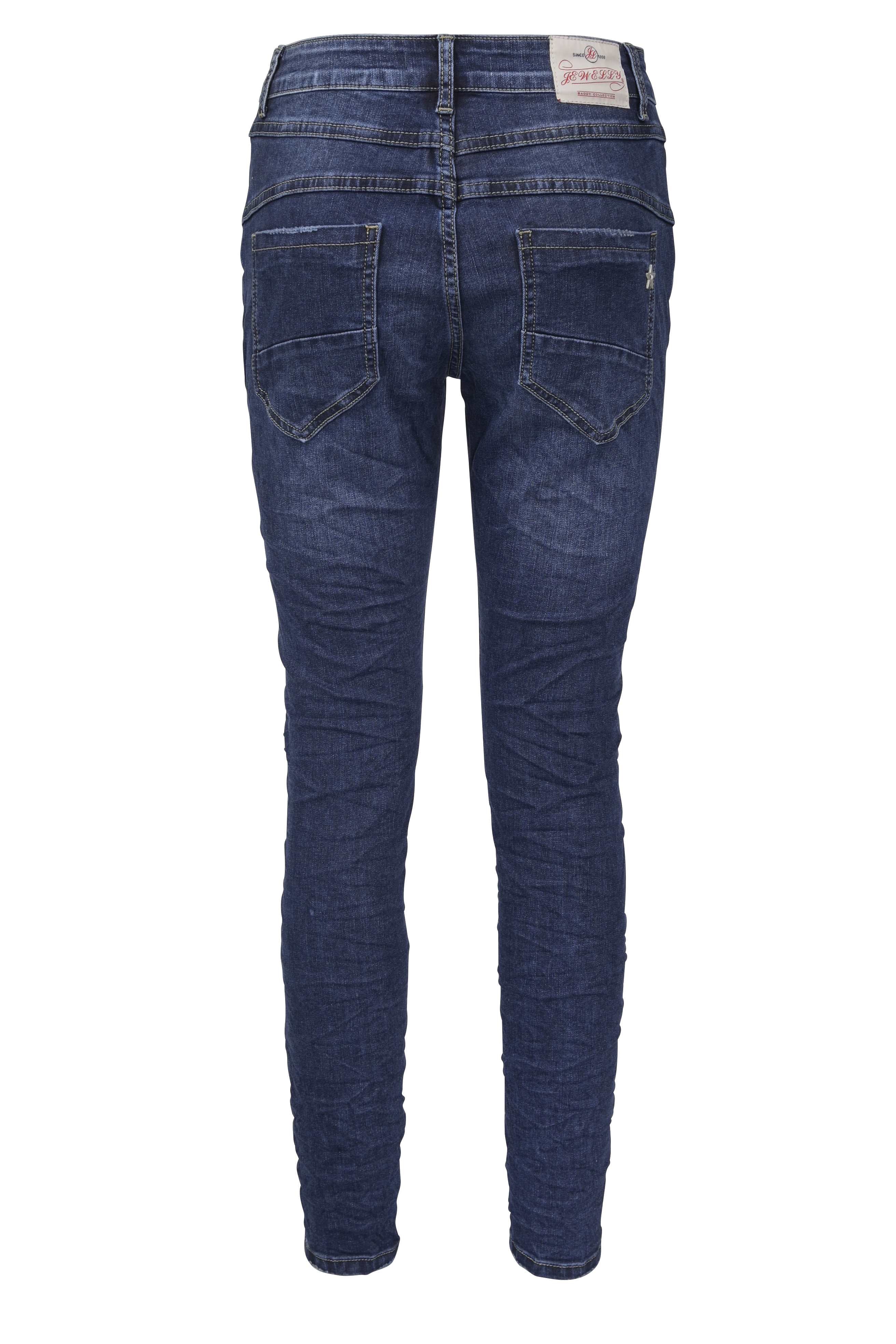 Jewelly Damen Jeans  | Stretch Jeans Five-Pocket im Crash-Look | Boyfriend Hose und sichtbarer Knopfleiste mit Schmuckknöpfen