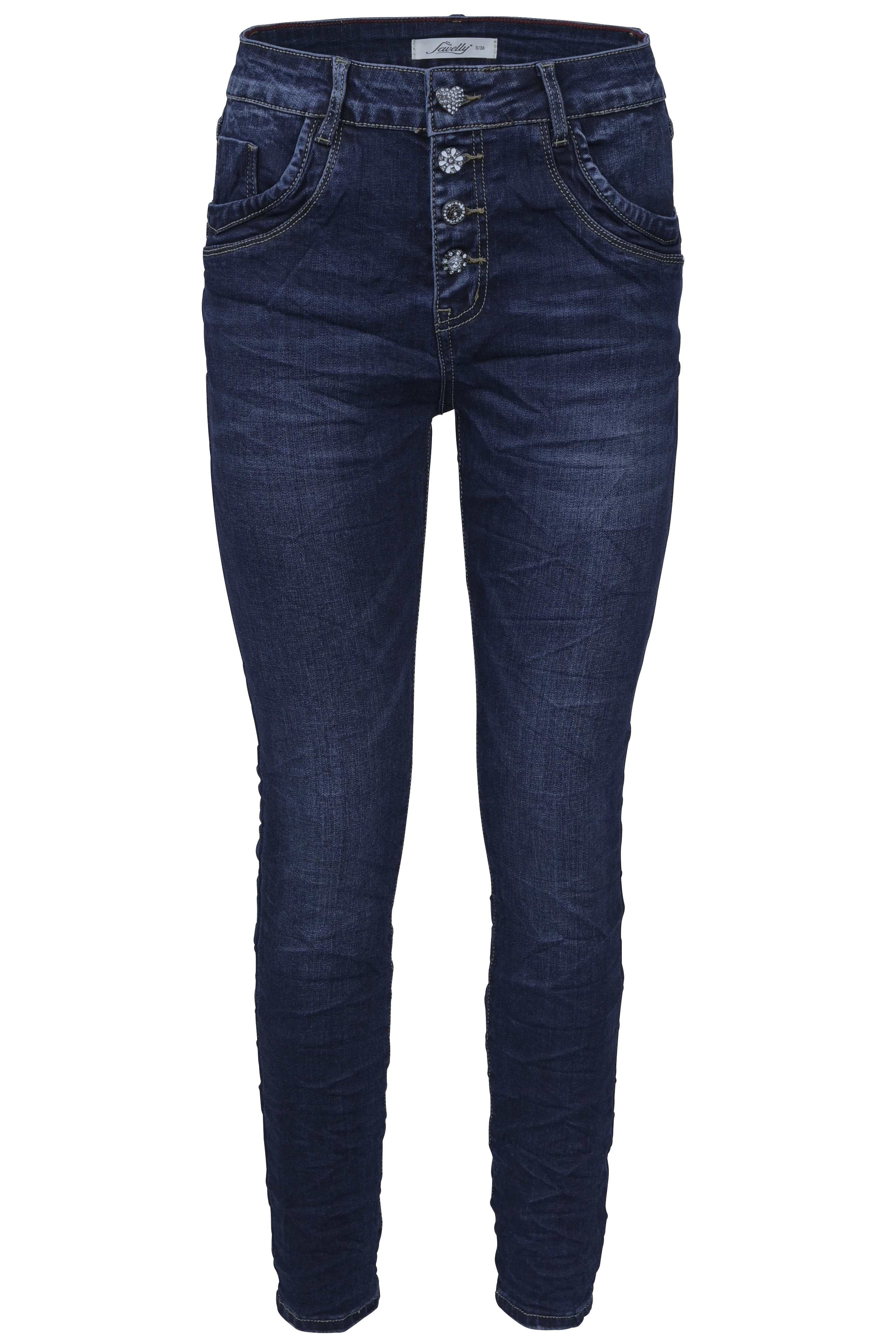 Jewelly Damen Jeans  | Stretch Jeans Five-Pocket im Crash-Look | Boyfriend Hose und sichtbarer Knopfleiste mit Schmuckknöpfen  #1