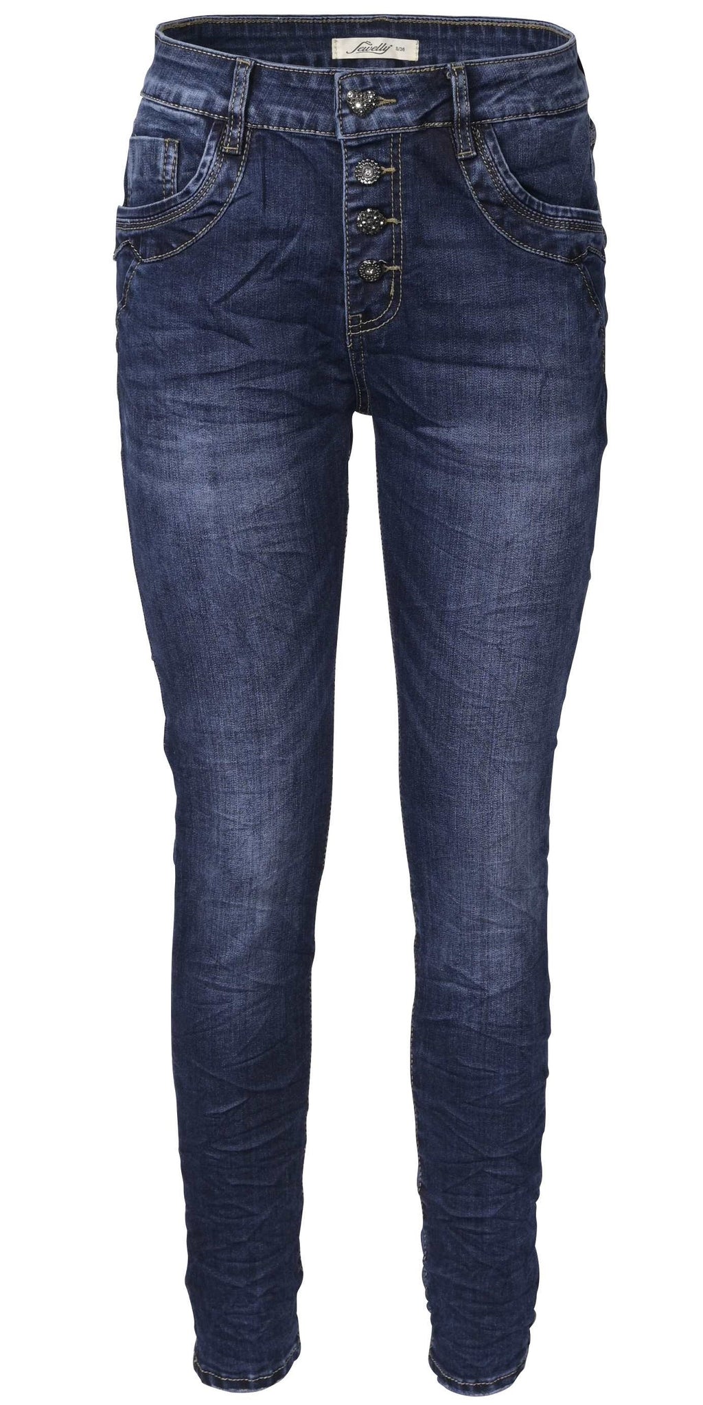 Jewelly Damen Jeans  | Stretch Jeans Five-Pocket im Crash-Look | Boyfriend Hose und sichtbarer Knopfleiste mit Schmuckknöpfen