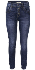 Jewelly Damen Jeans  | Stretch Jeans Five-Pocket im Crash-Look | Boyfriend Hose und sichtbarer Knopfleiste mit Schmuckknöpfen