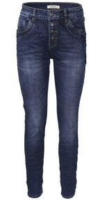 Jewelly Damen Jeans  | Stretch Jeans Five-Pocket im Crash-Look | Boyfriend Hose und sichtbarer Knopfleiste mit Schmuckknöpfen