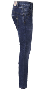 Jewelly Damen Jeans  | Stretch Jeans Five-Pocket im Crash-Look | Boyfriend Hose und sichtbarer Knopfleiste mit Schmuckknöpfen