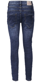Jewelly Damen Jeans  | Stretch Jeans Five-Pocket im Crash-Look | Boyfriend Hose und sichtbarer Knopfleiste mit Schmuckknöpfen