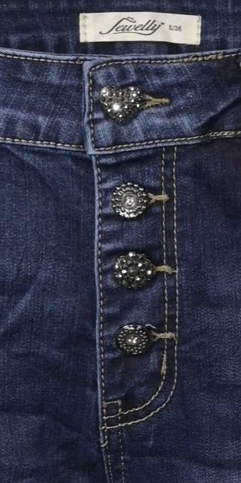 Jewelly Damen Jeans  | Stretch Jeans Five-Pocket im Crash-Look | Boyfriend Hose und sichtbarer Knopfleiste mit Schmuckknöpfen