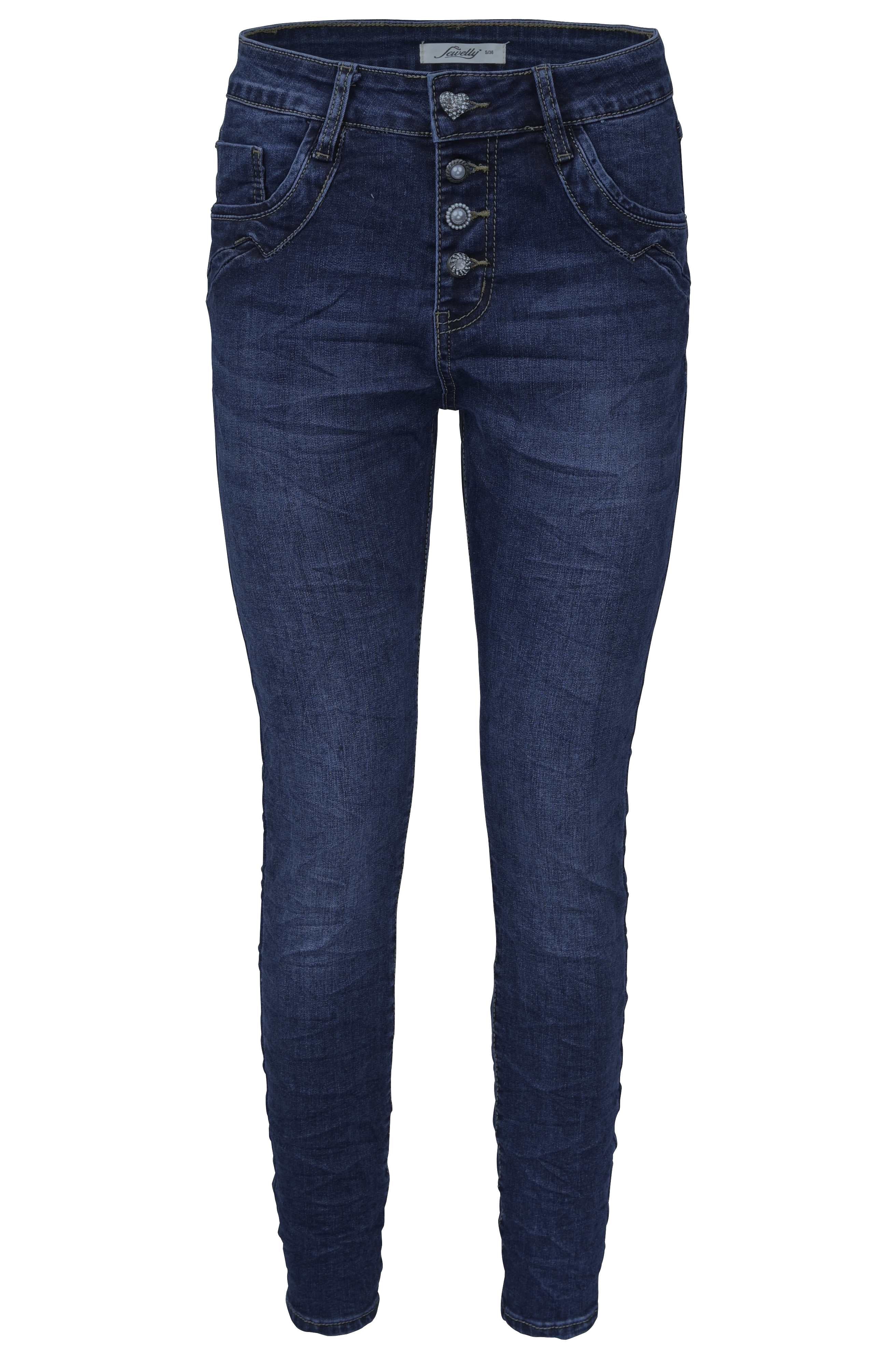 Jewelly Damen Jeans  | Stretch Jeans Five-Pocket im Crash-Look | Boyfriend Hose und sichtbarer Knopfleiste mit Schmuckknöpfen  #1