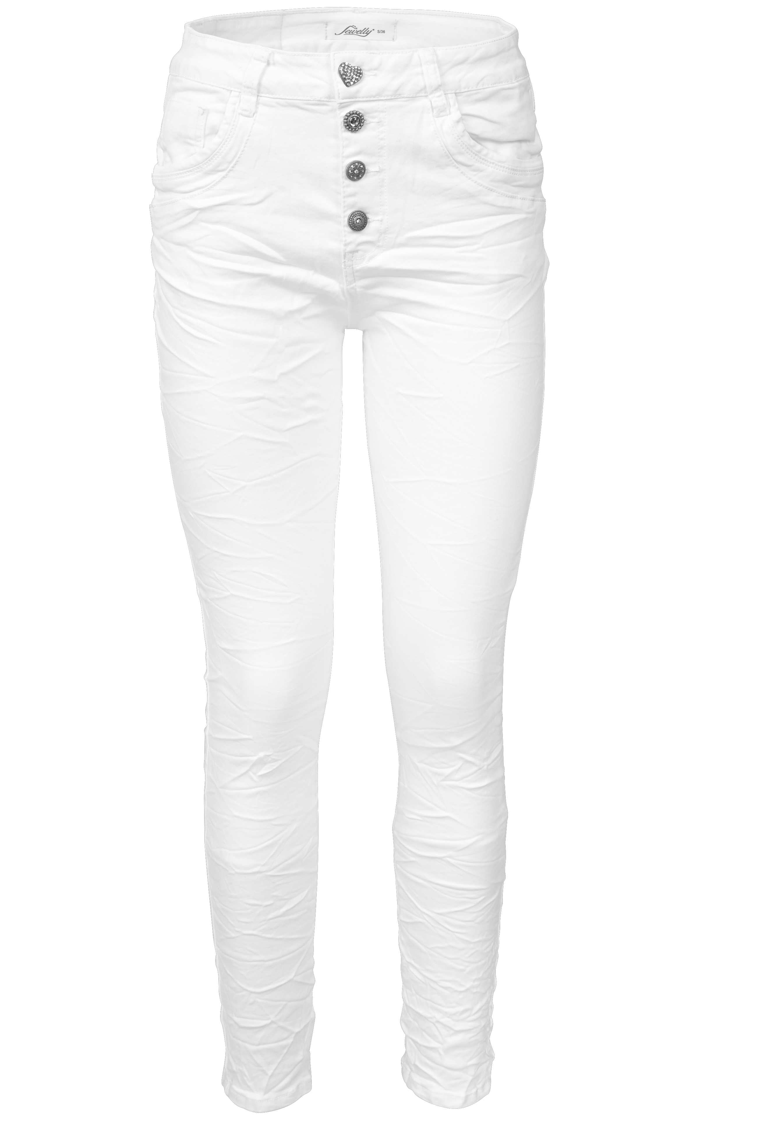 Jewelly Damen Stretch Jeans Five-Pocket im Crash-Look | Boyfriend Hose und sichtbarer Knopfleiste mit Schmuckknöpfen
