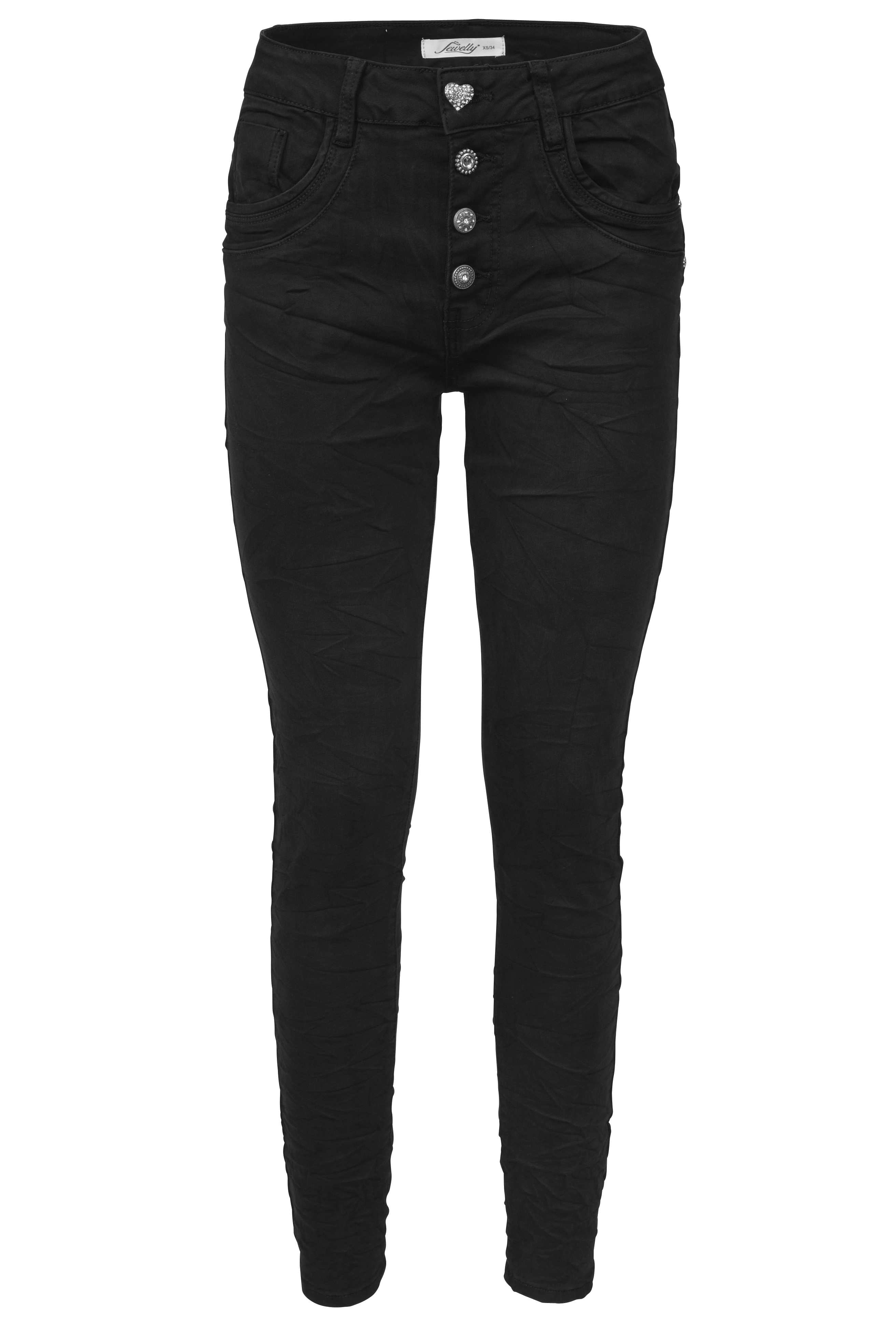 Jewelly Damen Stretch Jeans Five-Pocket im Crash-Look | Boyfriend Hose und sichtbarer Knopfleiste mit Schmuckknöpfen