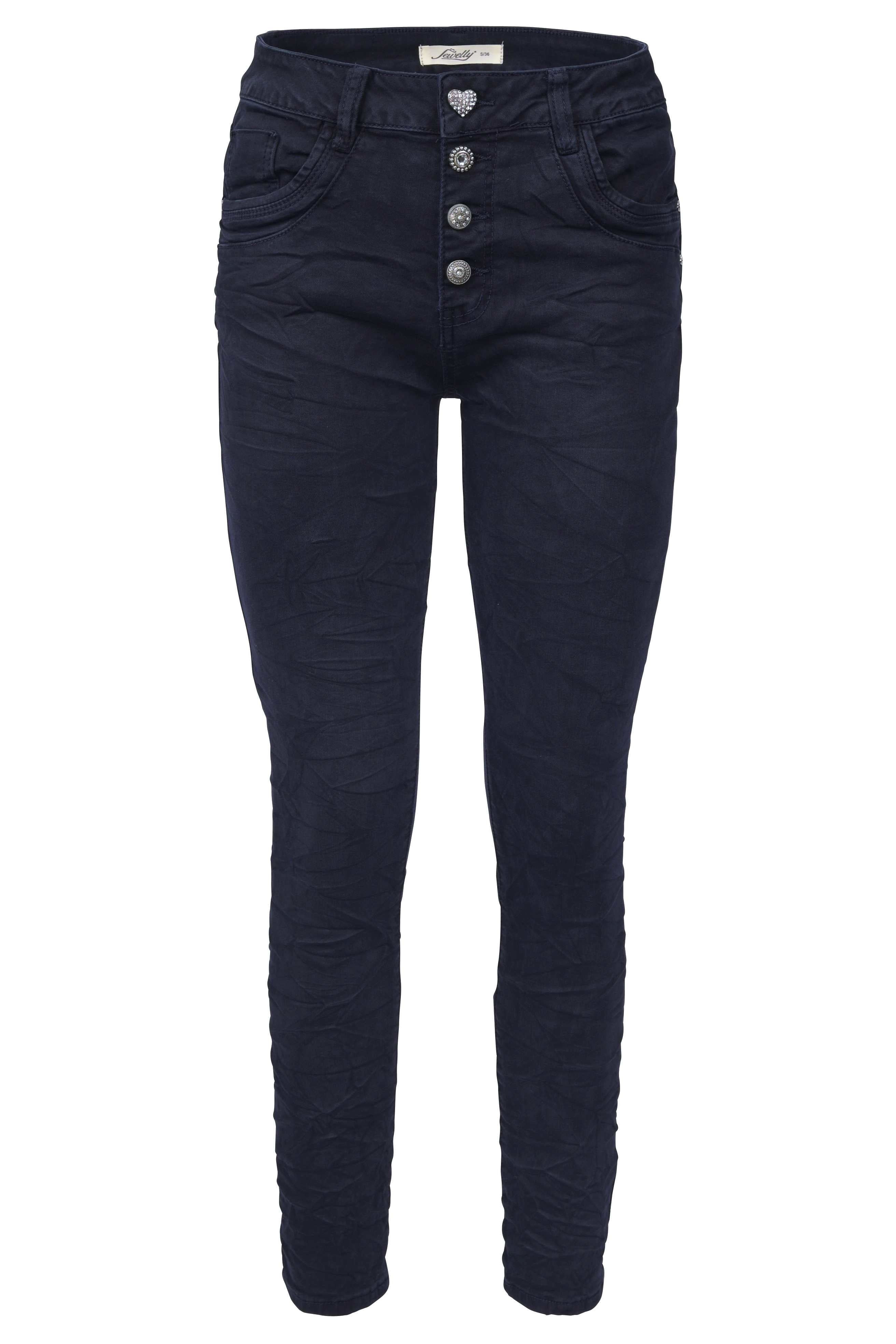 Jewelly Damen Stretch Jeans Five-Pocket im Crash-Look | Boyfriend Hose und sichtbarer Knopfleiste mit Schmuckknöpfen