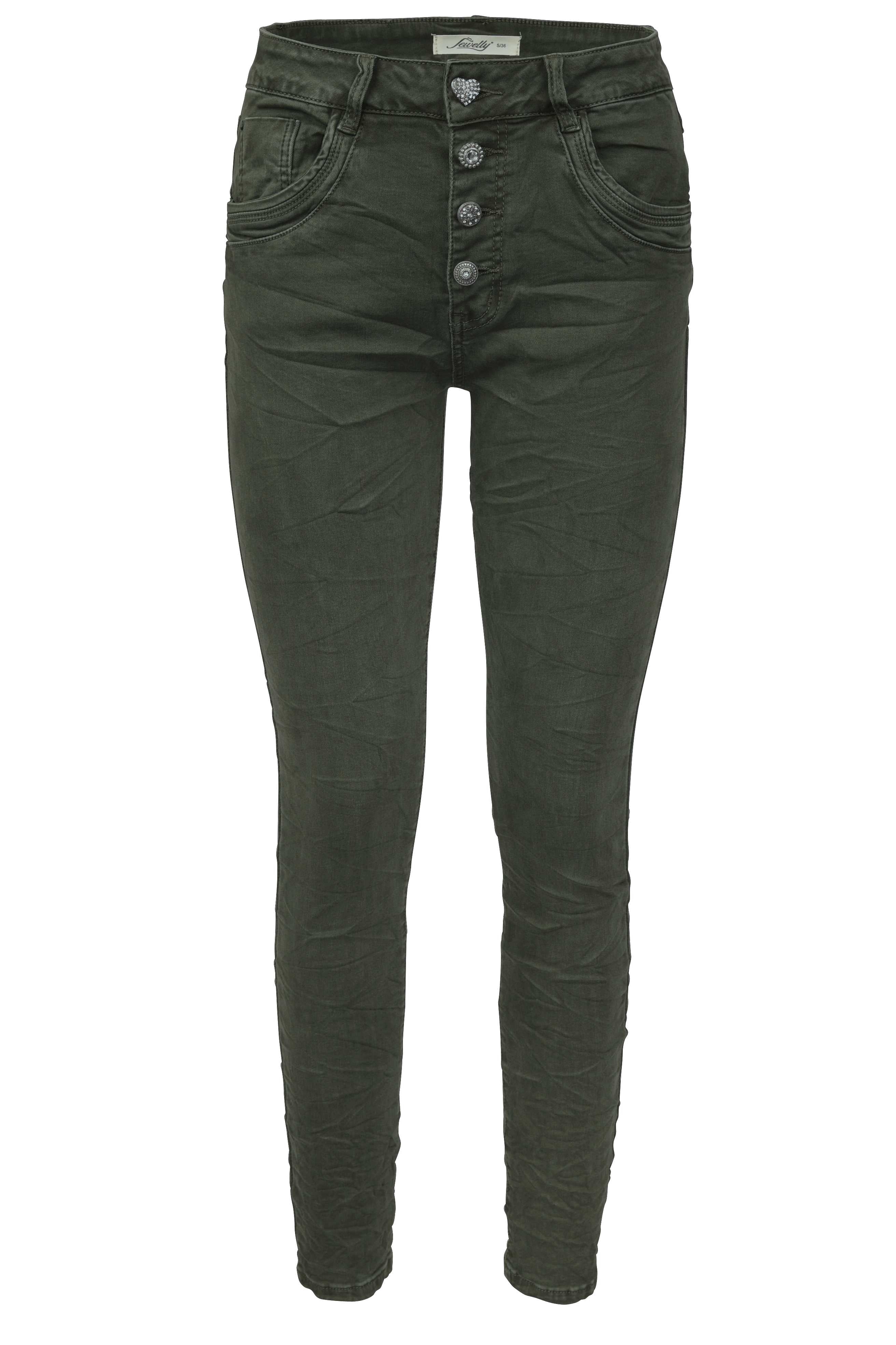 Jewelly Damen Stretch Jeans Five-Pocket im Crash-Look | Boyfriend Hose und sichtbarer Knopfleiste mit Schmuckknöpfen