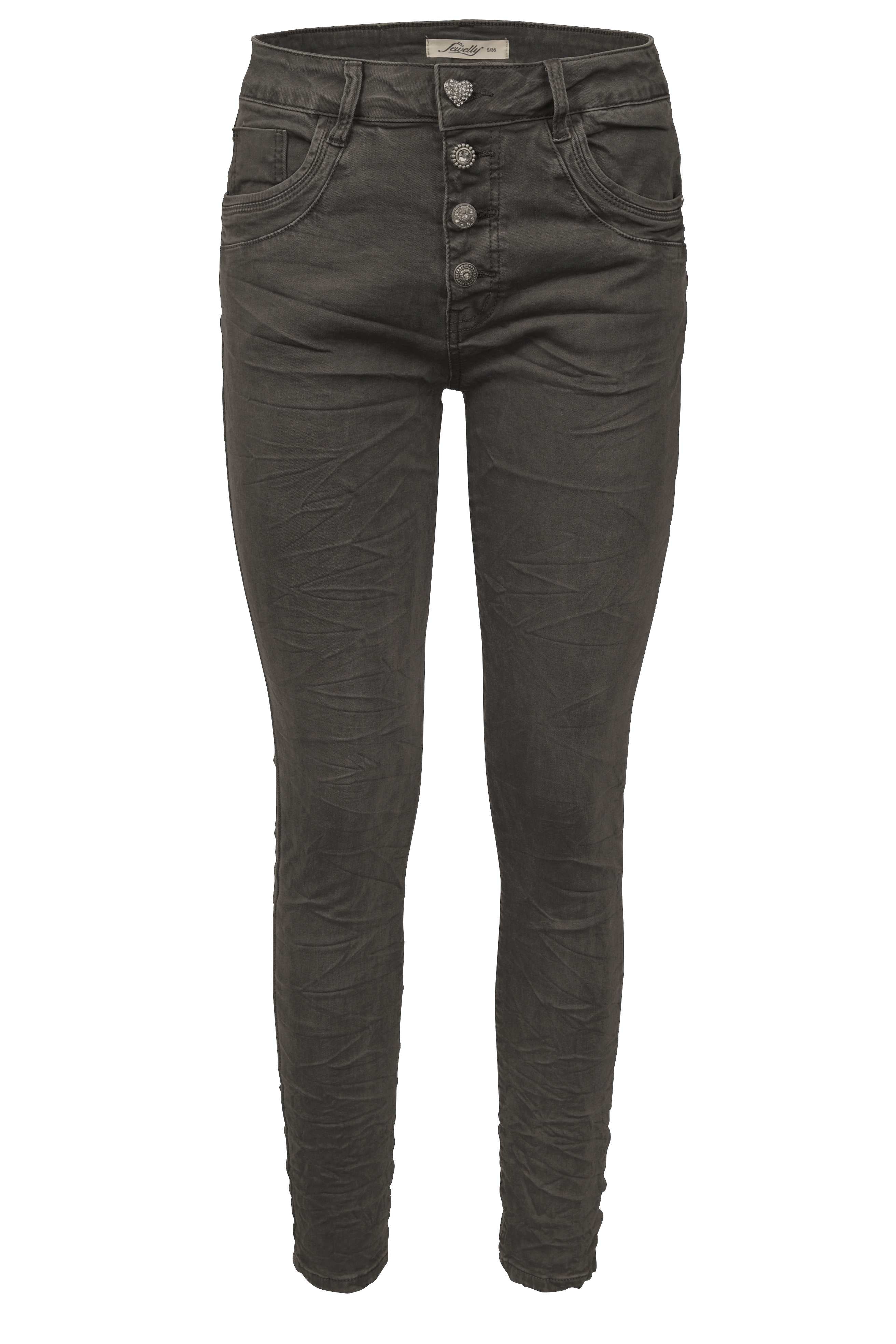 Jewelly Damen Stretch Jeans Five-Pocket im Crash-Look | Boyfriend Hose und sichtbarer Knopfleiste mit Schmuckknöpfen