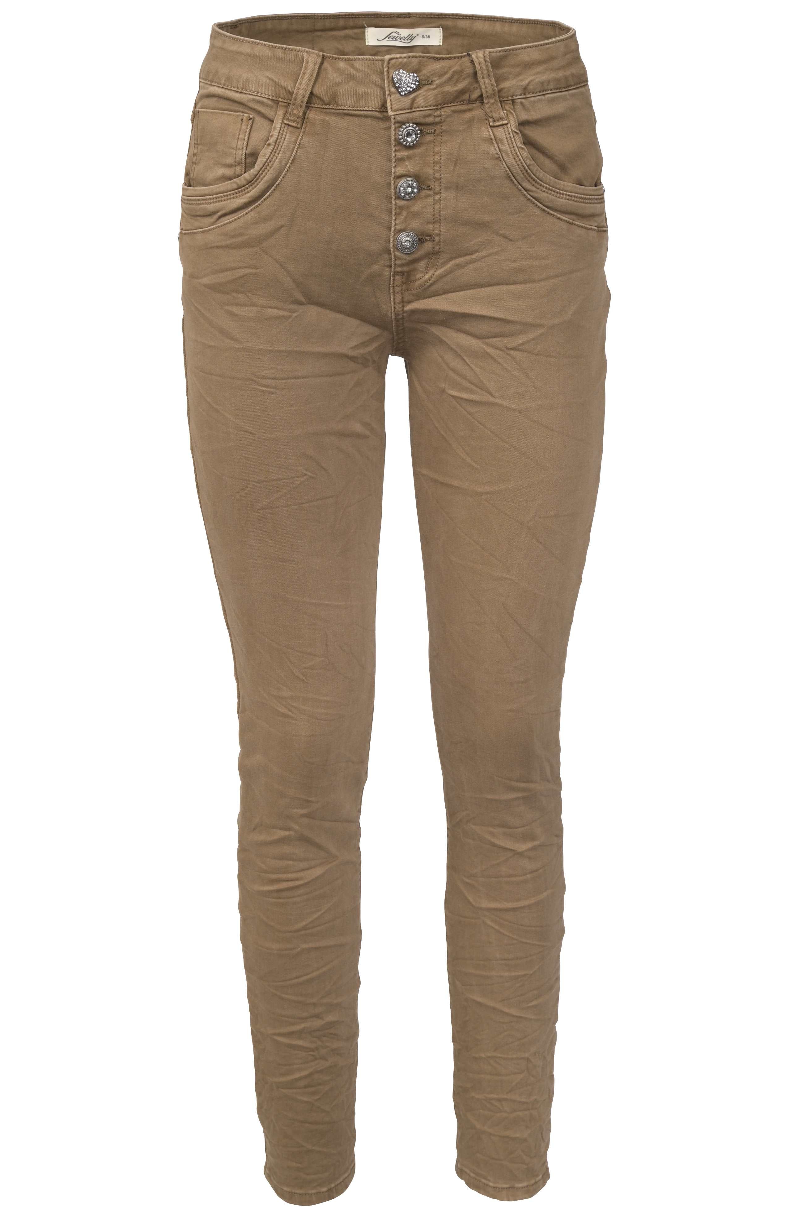 Jewelly Damen Stretch Jeans Five-Pocket im Crash-Look | Boyfriend Hose und sichtbarer Knopfleiste mit Schmuckknöpfen