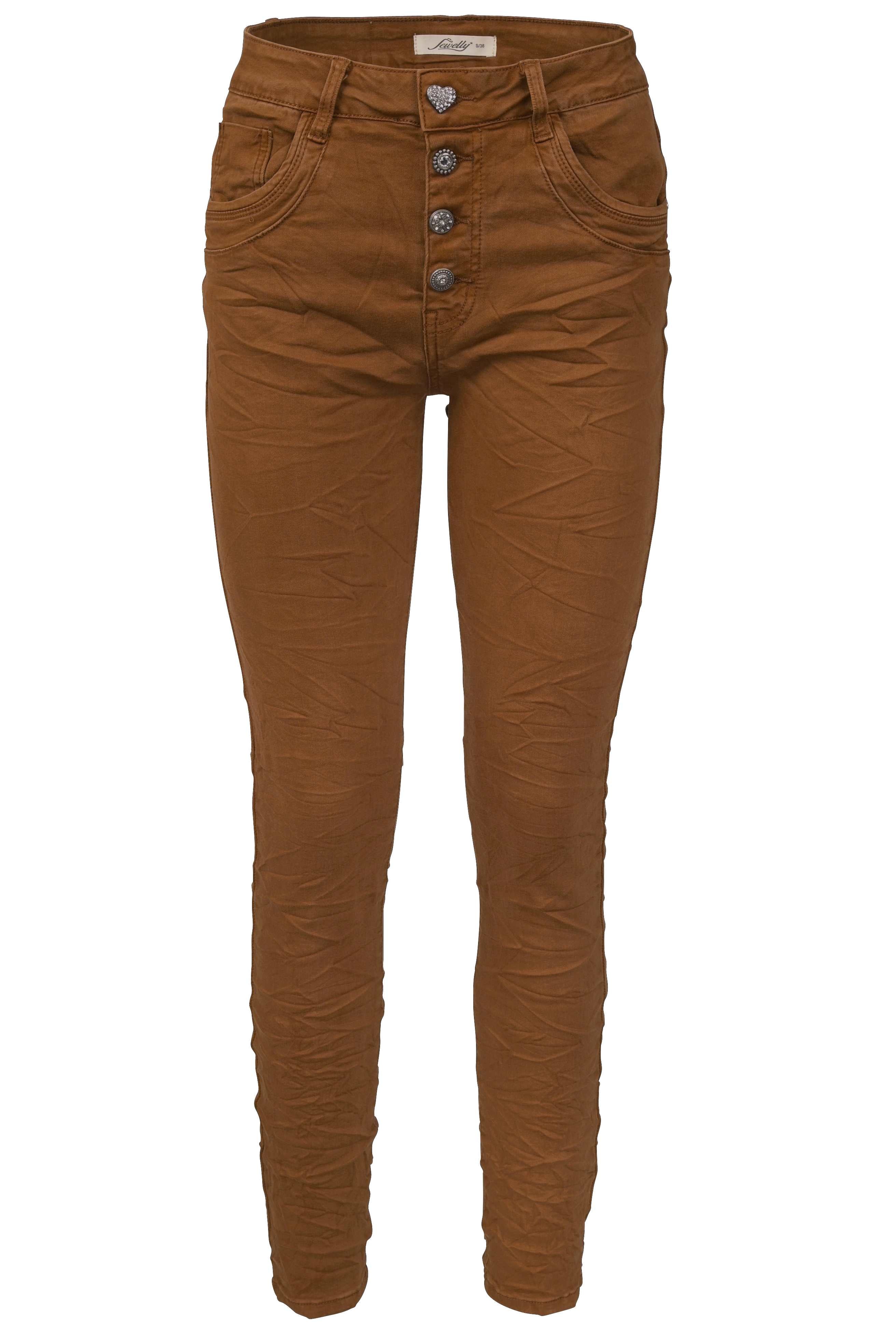 Jewelly Damen Stretch Jeans Five-Pocket im Crash-Look | Boyfriend Hose und sichtbarer Knopfleiste mit Schmuckknöpfen