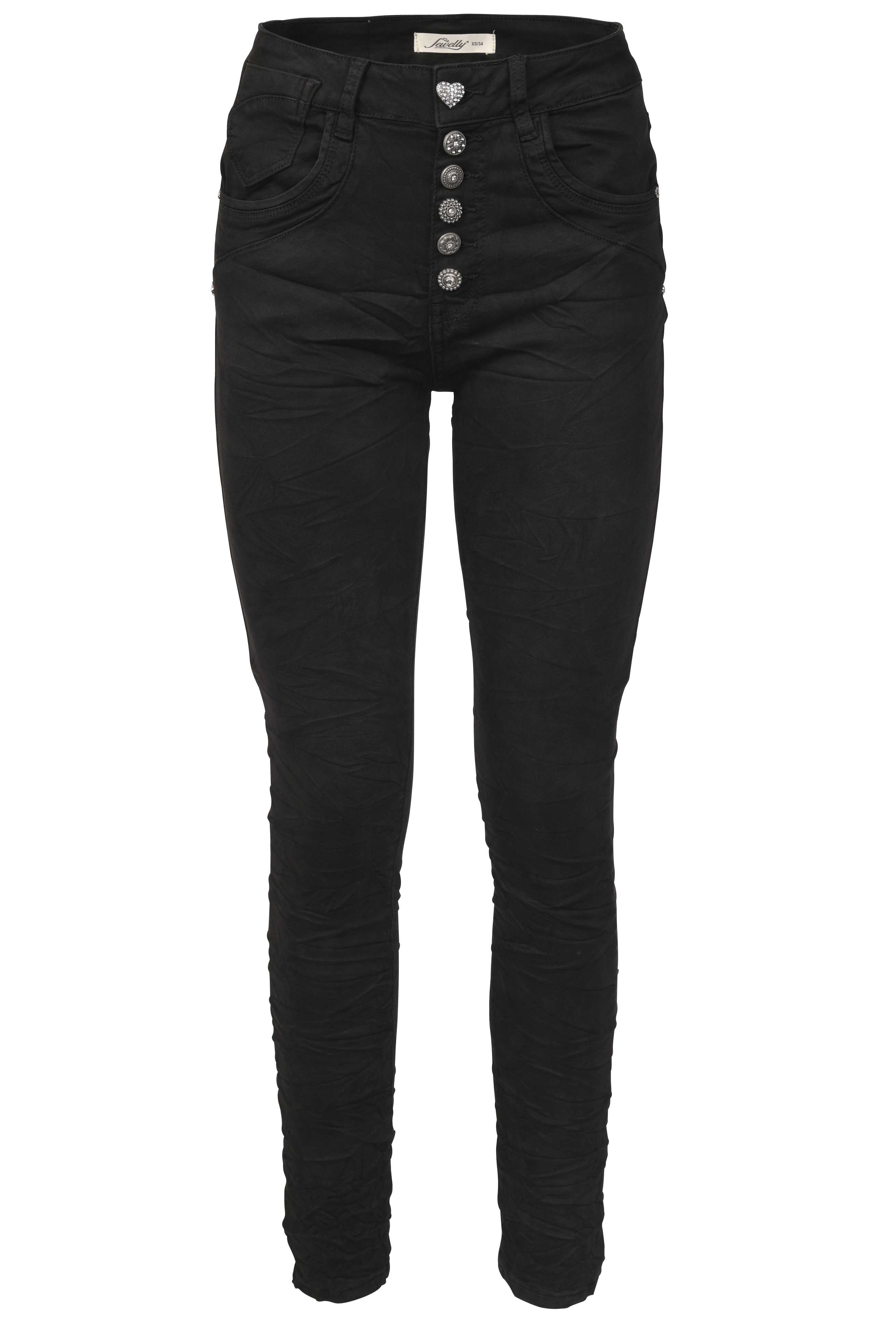 Jewelly Damen Stretch Jeans Five-Pocket im Crash-Look | Boyfriend Hose und sichtbarer Knopfleiste mit Schmuckknöpfen