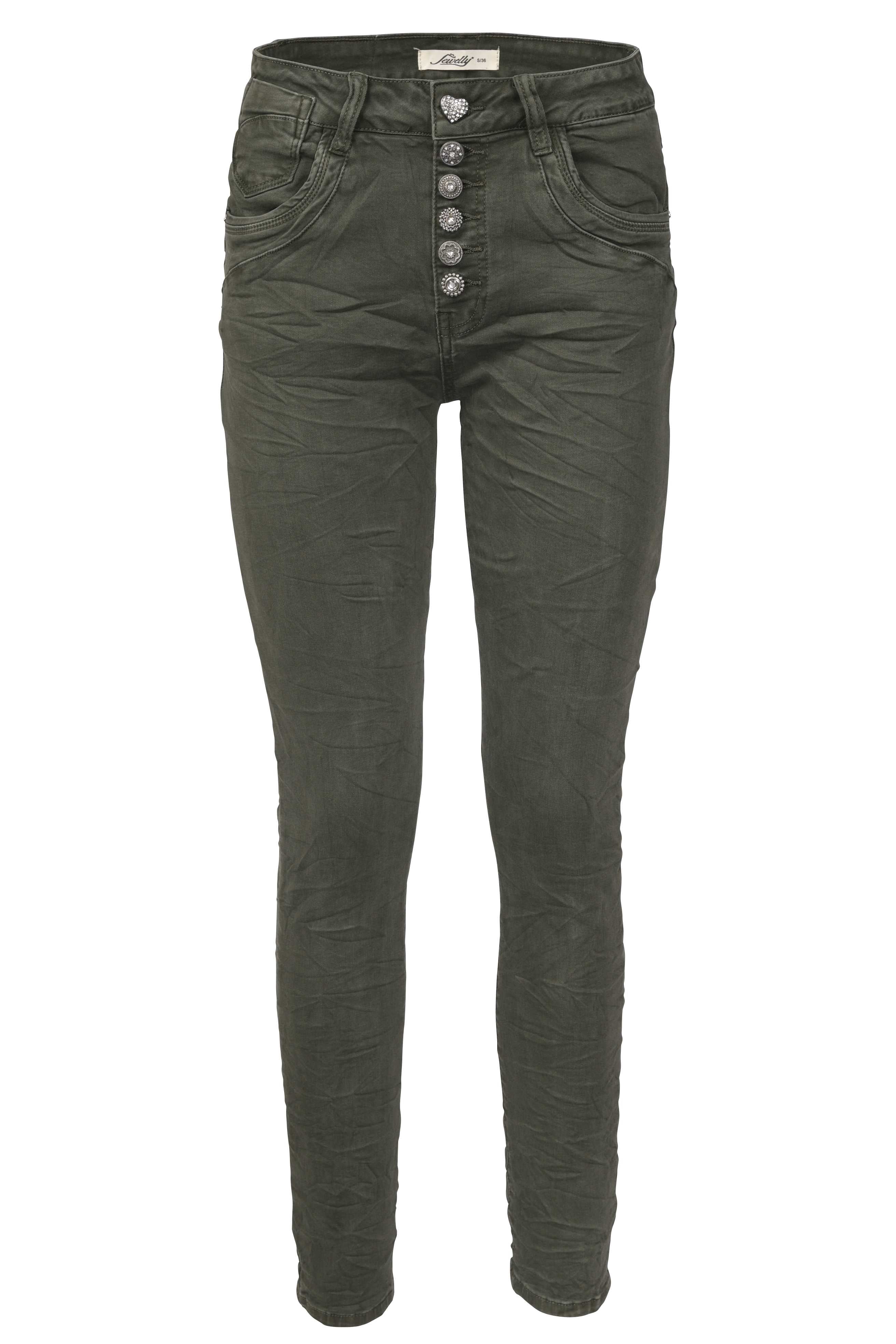 Jewelly Damen Stretch Jeans Five-Pocket im Crash-Look | Boyfriend Hose und sichtbarer Knopfleiste mit Schmuckknöpfen