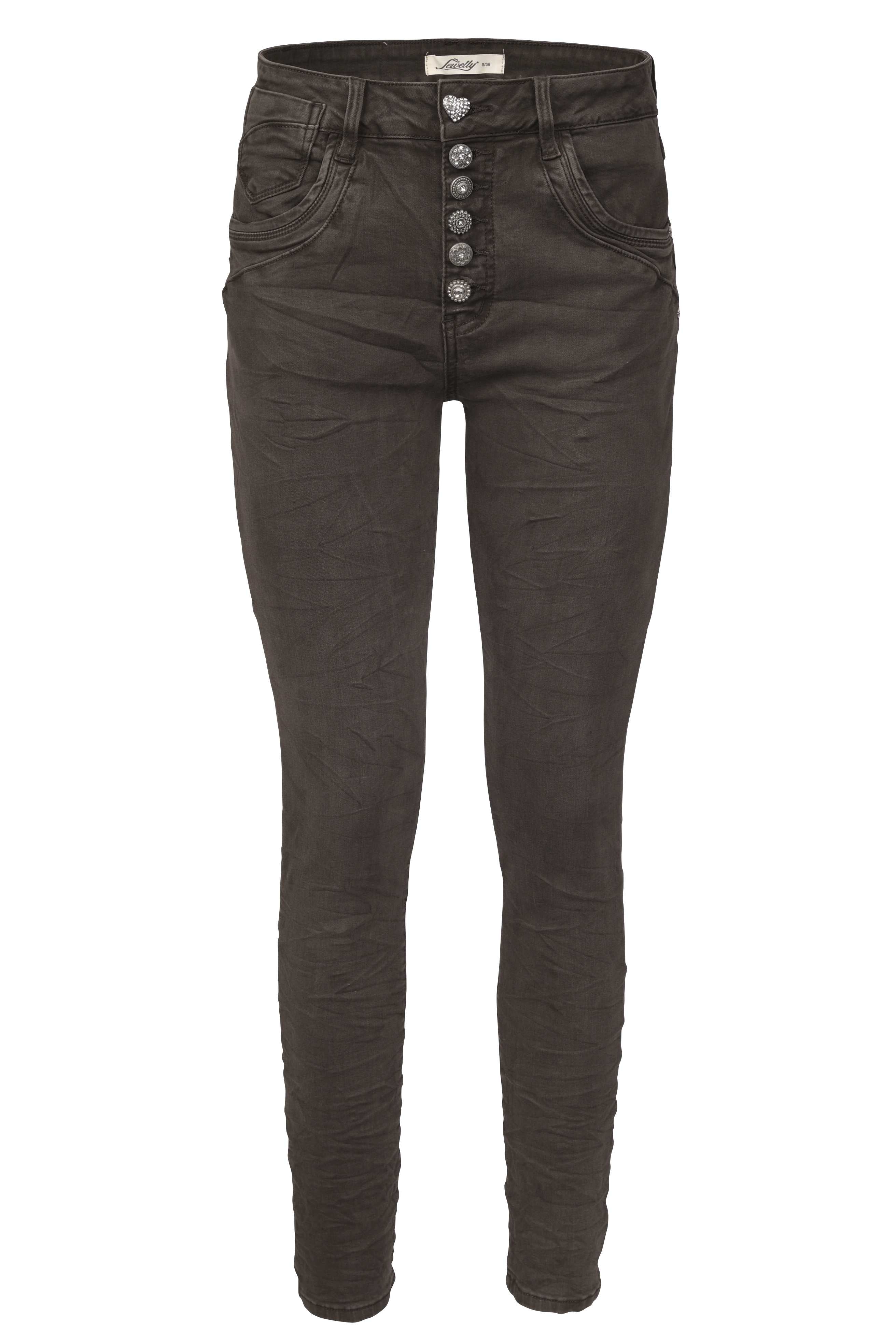 Jewelly Damen Stretch Jeans Five-Pocket im Crash-Look | Boyfriend Hose und sichtbarer Knopfleiste mit Schmuckknöpfen