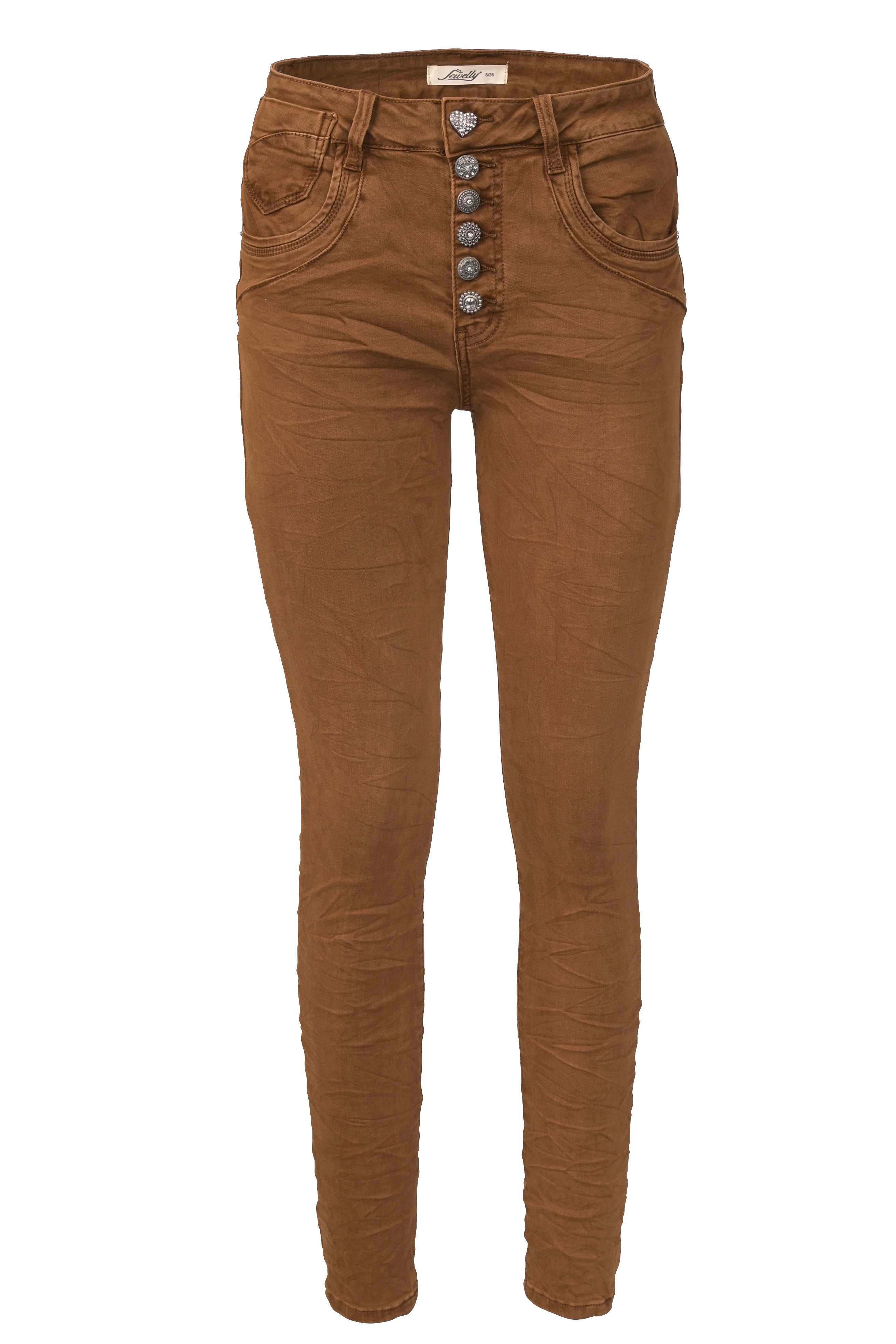 Jewelly Damen Stretch Jeans Five-Pocket im Crash-Look | Boyfriend Hose und sichtbarer Knopfleiste mit Schmuckknöpfen