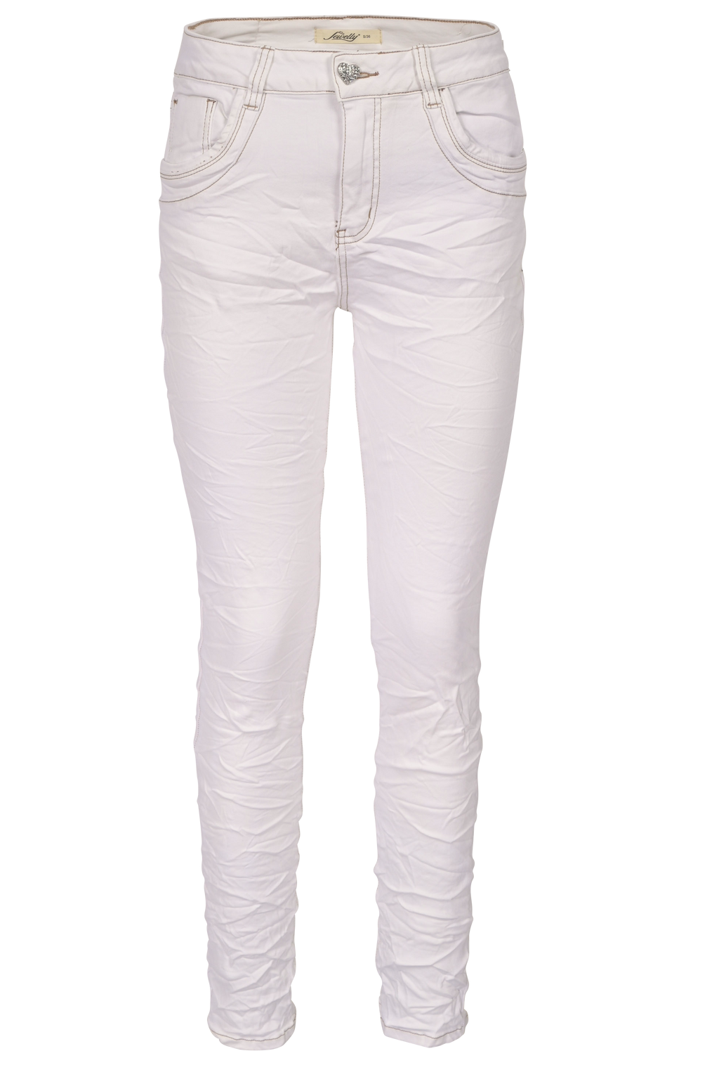 Jewelly Damen Jeans  | Stretch Jeans Five-Pocket im Crash-Look | Boyfriend -Cut - im Crash-Look mit Reißverschluss Weiß