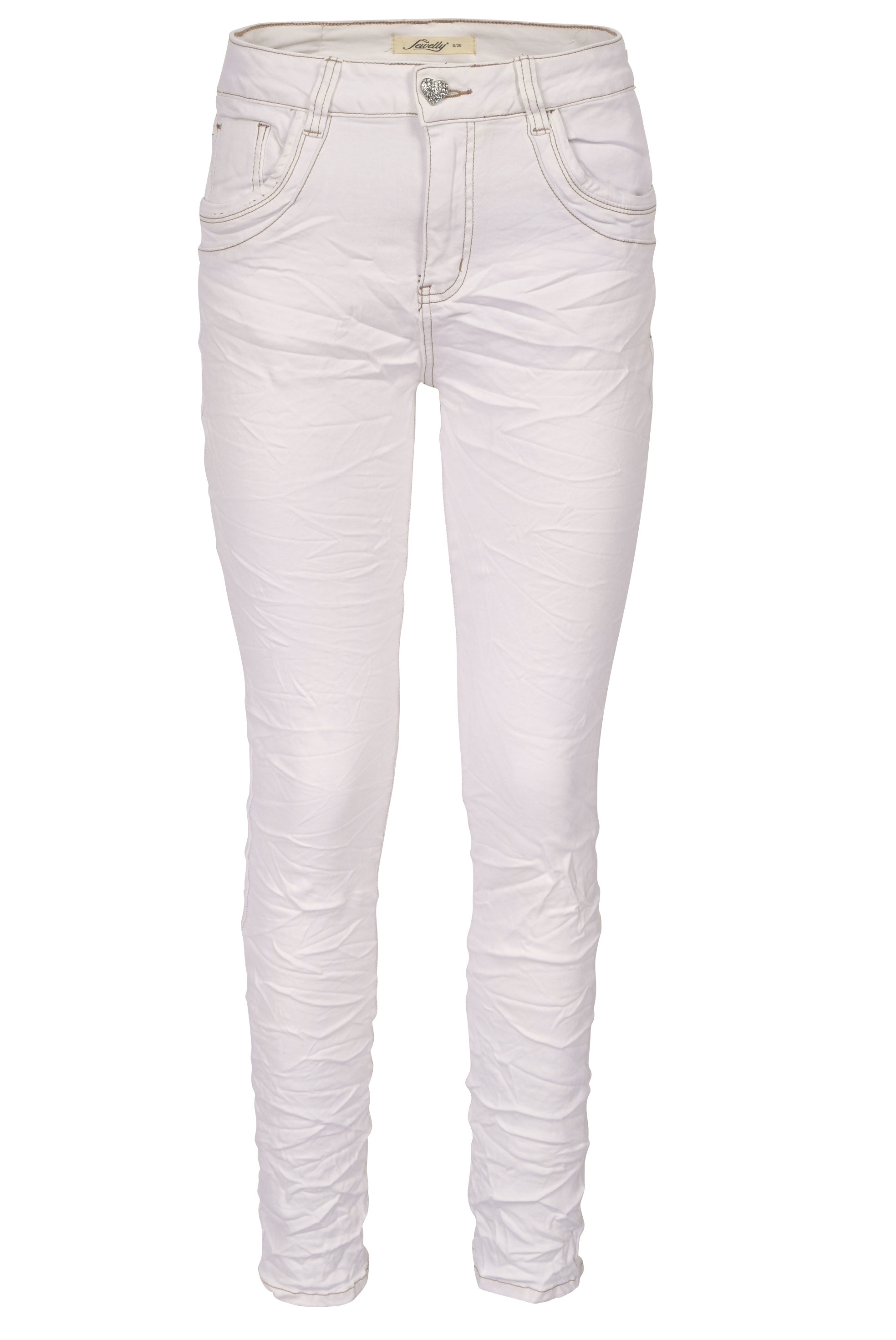 Jewelly Damen Jeans  | Stretch Jeans Five-Pocket im Crash-Look | Boyfriend -Cut - im Crash-Look mit Reißverschluss Weiß
