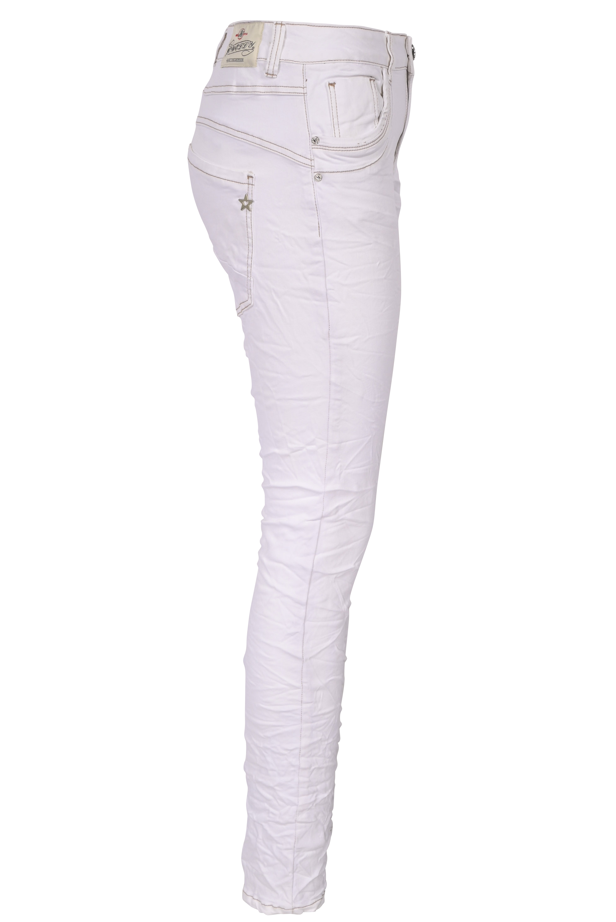 Jewelly Damen Jeans  | Stretch Jeans Five-Pocket im Crash-Look | Boyfriend -Cut - im Crash-Look mit Reißverschluss Weiß