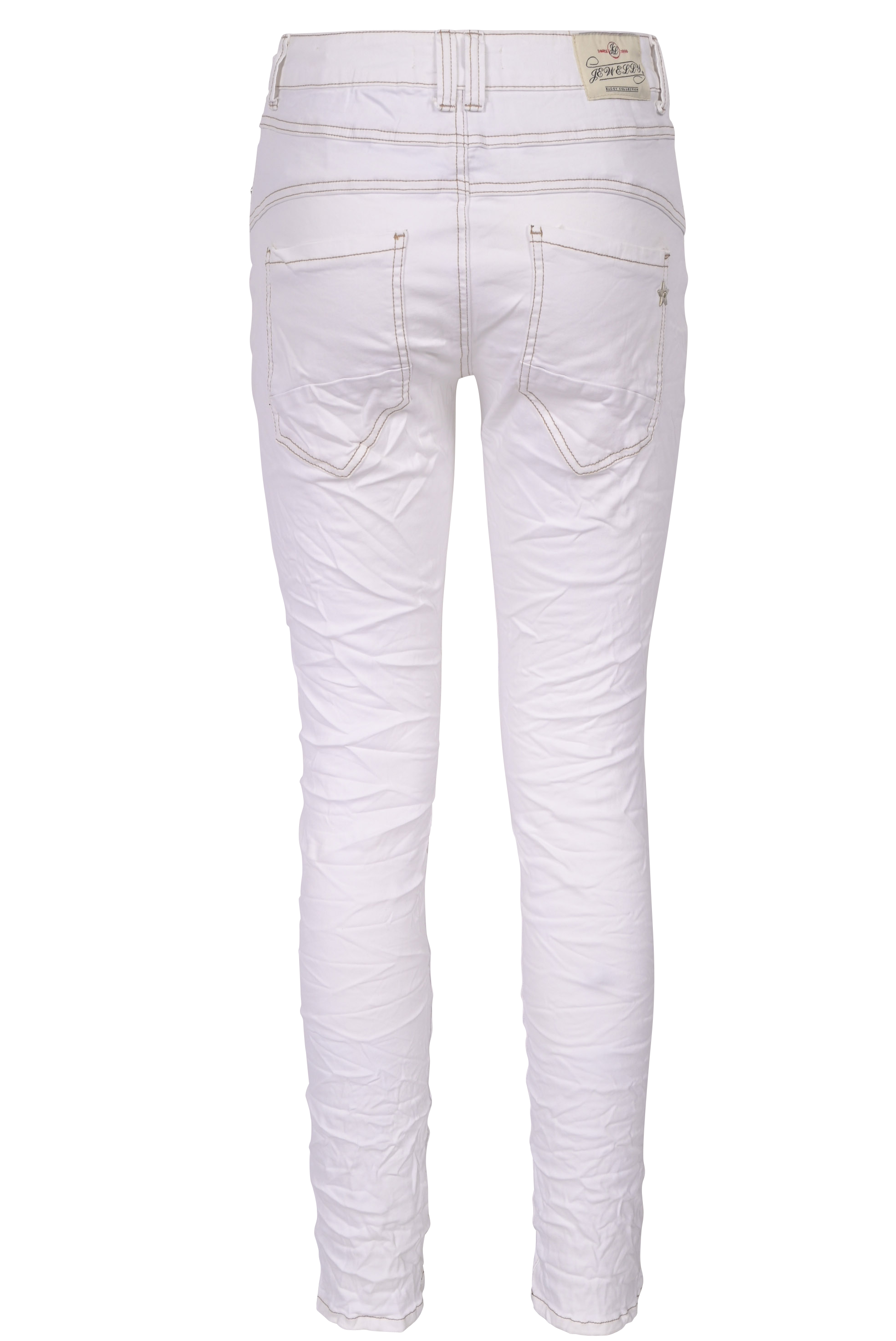 Jewelly Damen Jeans  | Stretch Jeans Five-Pocket im Crash-Look | Boyfriend -Cut - im Crash-Look mit Reißverschluss Weiß