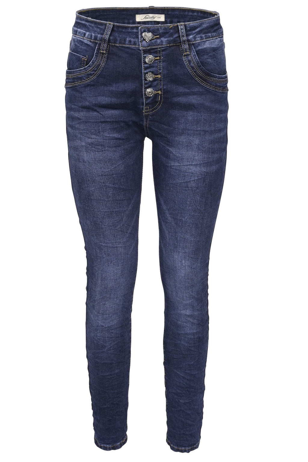 Jewelly Damen Jeans  | Stretch Jeans Five-Pocket im Crash-Look | Boyfriend Hose und sichtbarer Knopfleiste mit Schmuckknöpfen