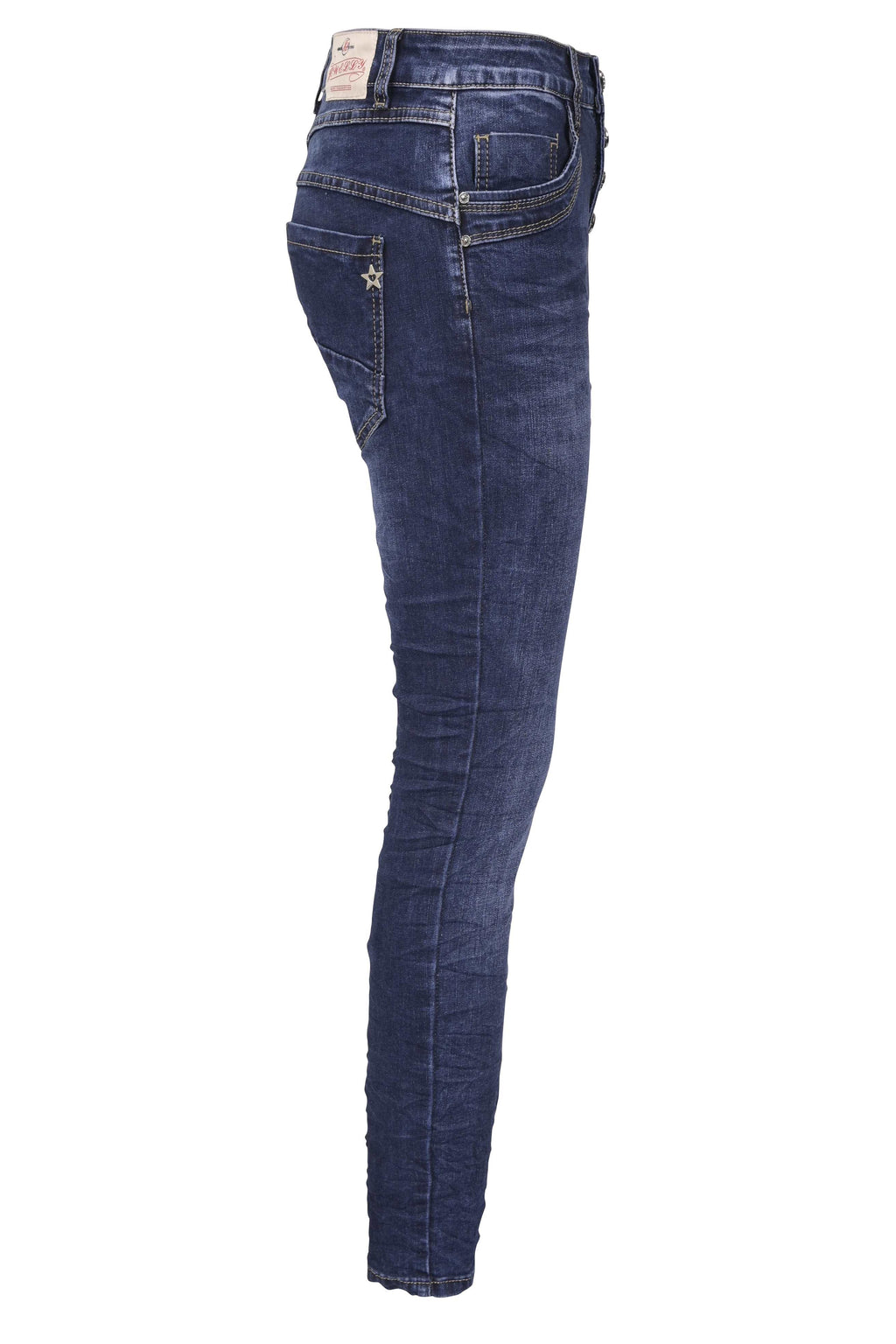 Jewelly Damen Jeans  | Stretch Jeans Five-Pocket im Crash-Look | Boyfriend Hose und sichtbarer Knopfleiste mit Schmuckknöpfen