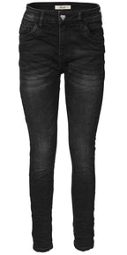 Jewelly Damen Jeans  | Schwarze Stretch Jeans Five-Pocket im Crash-Look | Boyfriend -Cut - im Crash-Look mit Reißverschluss und  Schmuckknopf
