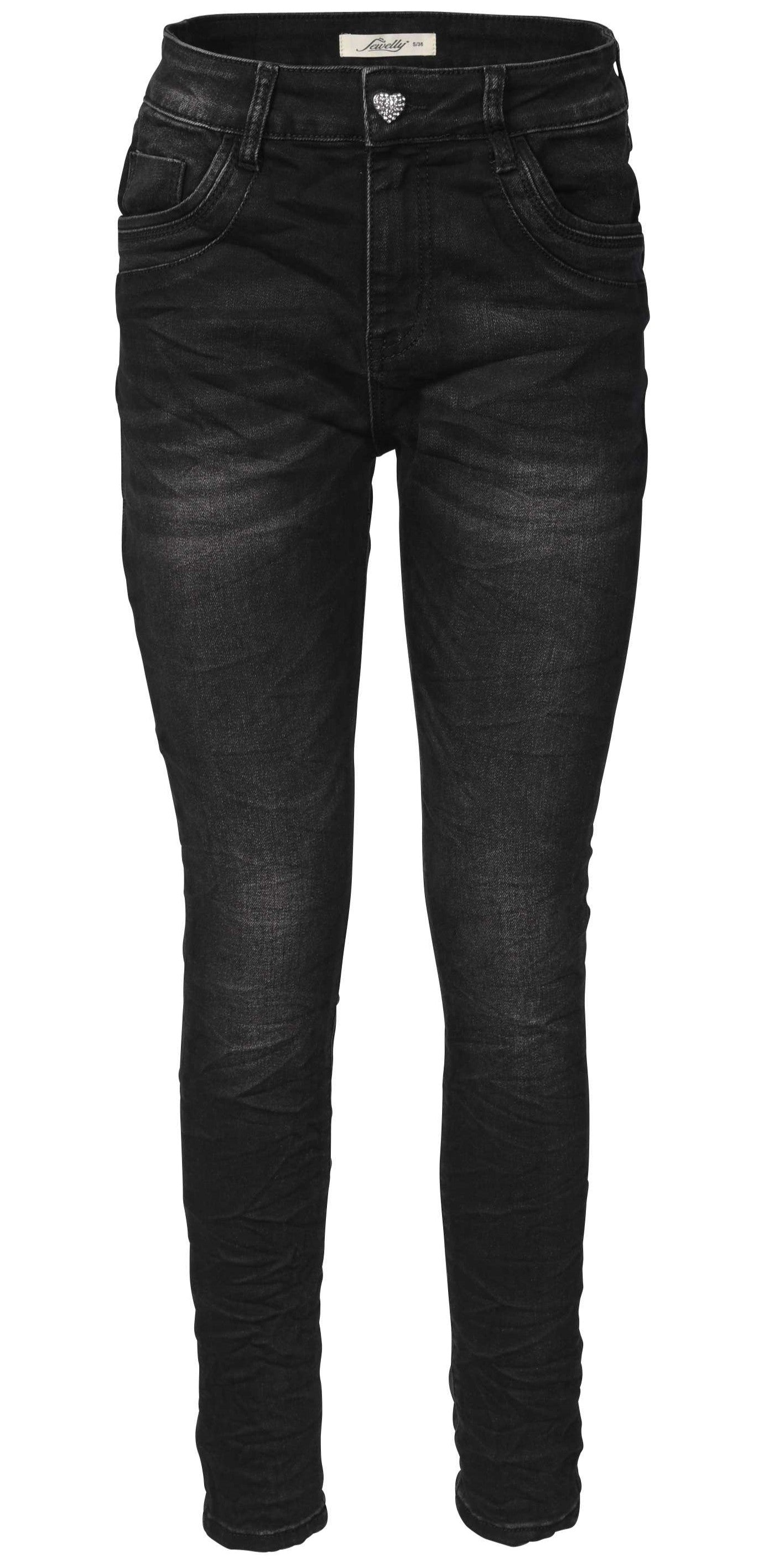 Jewelly Damen Jeans  | Schwarze Stretch Jeans Five-Pocket im Crash-Look | Boyfriend -Cut - im Crash-Look mit Reißverschluss und  Schmuckknopf