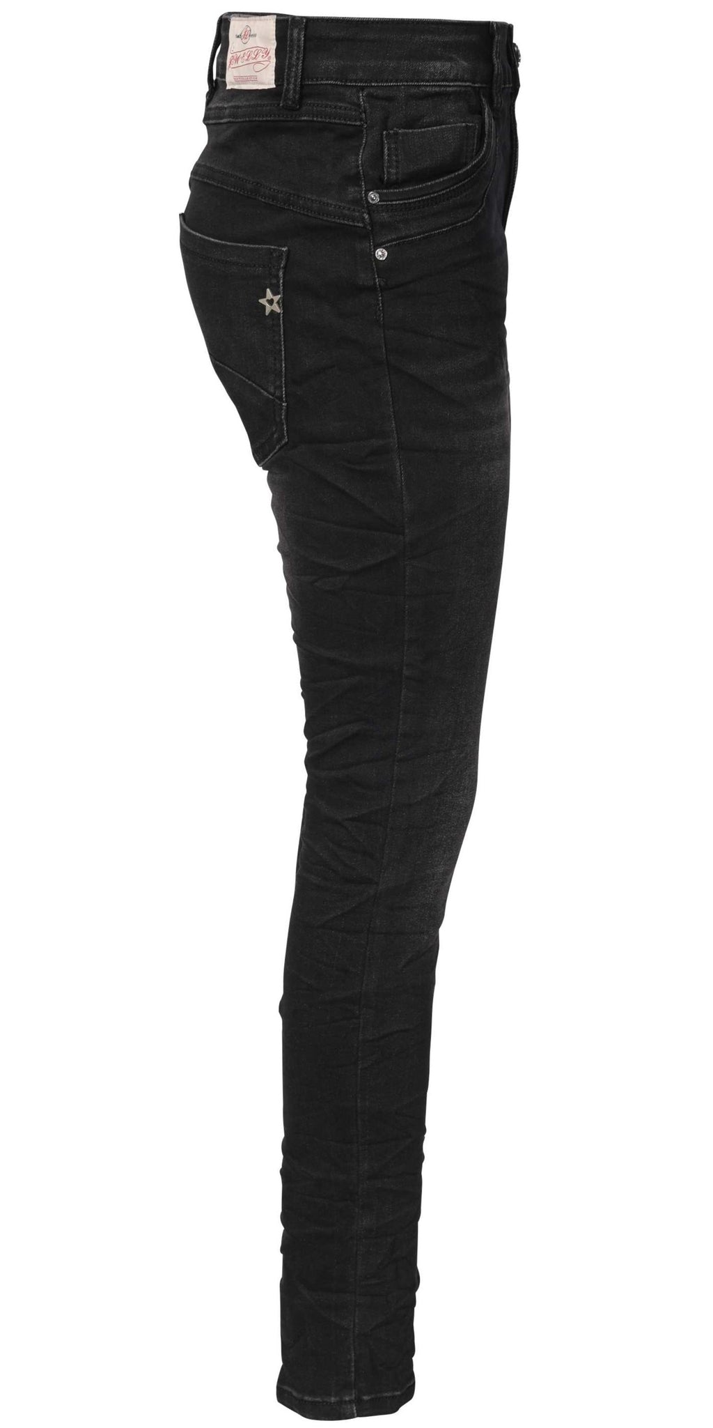 Jewelly Damen Jeans  | Schwarze Stretch Jeans Five-Pocket im Crash-Look | Boyfriend -Cut - im Crash-Look mit Reißverschluss und  Schmuckknopf