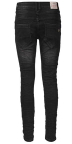 Jewelly Damen Jeans  | Schwarze Stretch Jeans Five-Pocket im Crash-Look | Boyfriend -Cut - im Crash-Look mit Reißverschluss und  Schmuckknopf