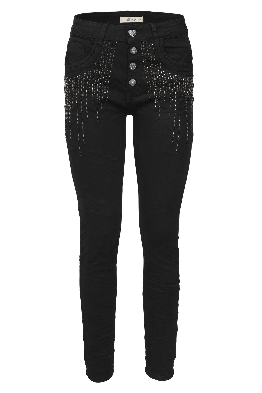 Jewelly Damen Jeans mit Strass Applikationen | Damen Stretch Jeans Five-Pocket im Crash-Look | Boyfriend Hose und sichtbarer Knopfleiste
