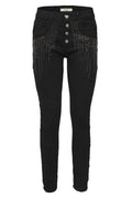 Jewelly Damen Jeans mit Strass Applikationen | Damen Stretch Jeans Five-Pocket im Crash-Look | Boyfriend Hose und sichtbarer Knopfleiste