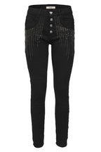 Jewelly Damen Jeans mit Strass Applikationen | Damen Stretch Jeans Five-Pocket im Crash-Look | Boyfriend Hose und sichtbarer Knopfleiste