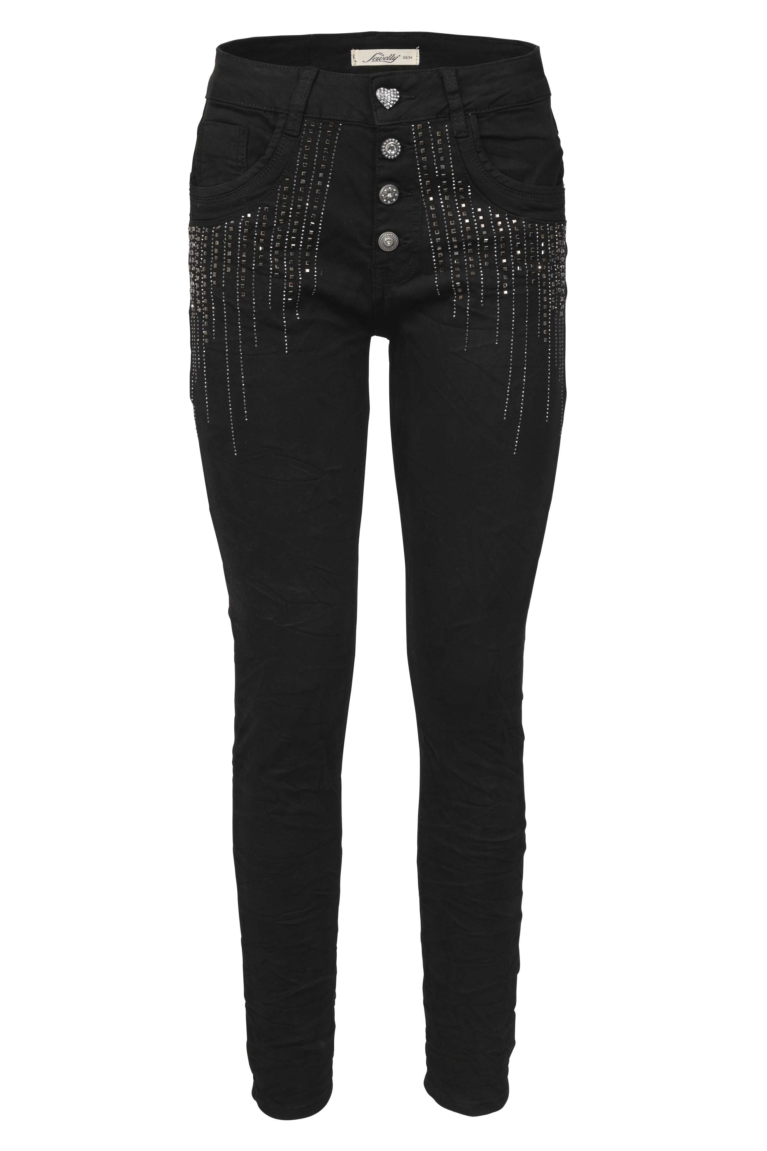 Jewelly Damen Jeans mit Strass Applikationen | Damen Stretch Jeans Five-Pocket im Crash-Look | Boyfriend Hose und sichtbarer Knopfleiste