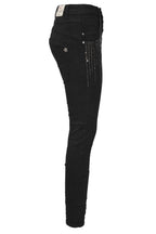 Jewelly Damen Jeans mit Strass Applikationen | Damen Stretch Jeans Five-Pocket im Crash-Look | Boyfriend Hose und sichtbarer Knopfleiste
