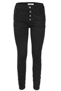 Jewelly Damen Jeans mit Schwarzen Strass Applikationen | Damen Stretch Jeans Five-Pocket im Crash-Look | Boyfriend Hose und sichtbarer Knopfleiste