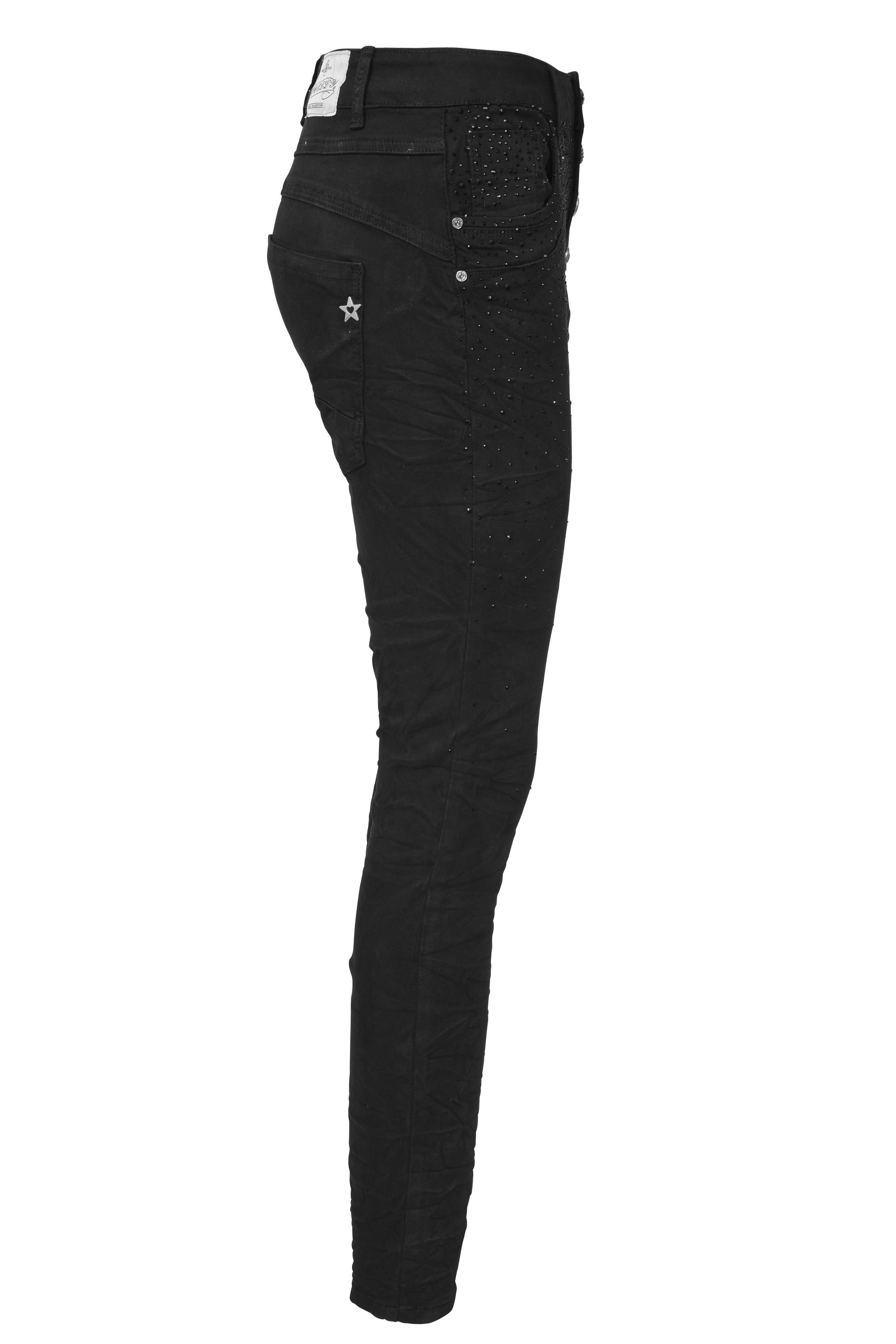 Jewelly Damen Jeans mit Schwarzen Strass Applikationen | Damen Stretch Jeans Five-Pocket im Crash-Look | Boyfriend Hose und sichtbarer Knopfleiste