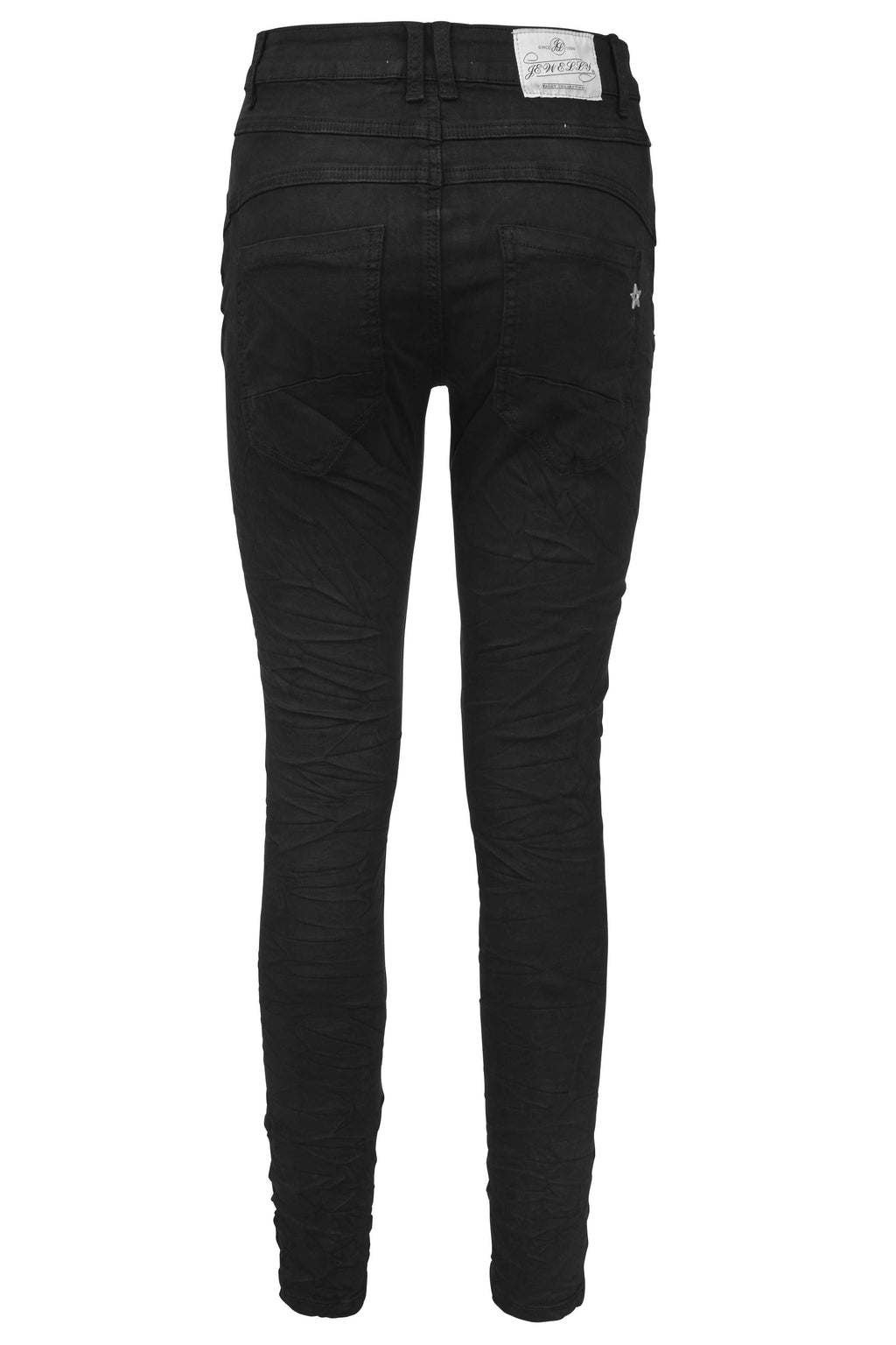 Jewelly Damen Jeans mit Schwarzen Strass Applikationen | Damen Stretch Jeans Five-Pocket im Crash-Look | Boyfriend Hose und sichtbarer Knopfleiste